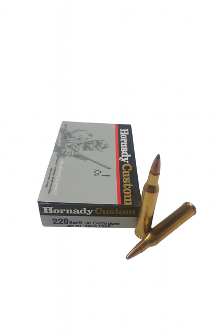 Hornady Custom Ammunition - 220 Swift - 55 Grain Spire Point - 20 Rounds - Brass Case Hornady Custom Ammunition - 220 Swift - 55 Grain Spire Point - 20 Rounds - Brass Case