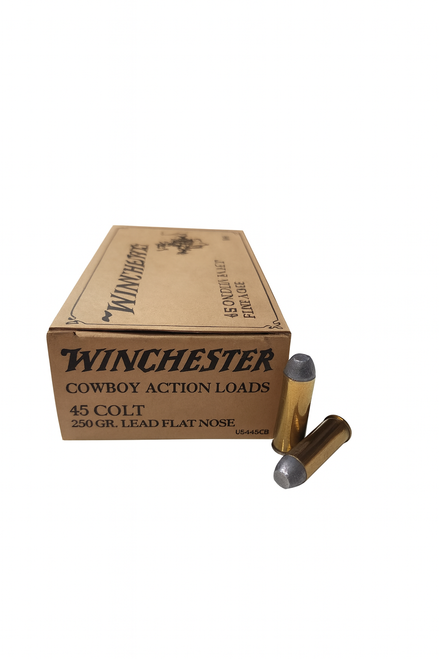 Winchester Cowboy Ammunition - 45 Long Colt - 250 Grain Lead Flat Nose - 50 Rounds - Brass Case Winchester Cowboy Ammunition - 45 Long Colt - 250 Grain Lead Flat Nose - 50 Rounds - Brass Case