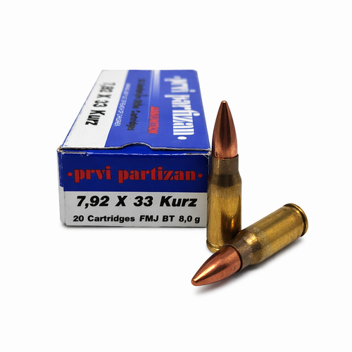 Prvi Partizan Ammunition - 7.92x33MM Kurz - 124 Grain Full Metal Jacket - 20 Rounds - Brass Case
