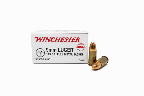 Winchester USA Ammunition - 9mm Luger - 115 Grain Full Metal Jacket - 50 Rounds -Brass Case