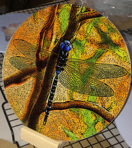 Round Glass Cutting Board - Blue Dragonfly  -  8 inch