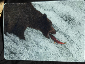 Bear Catching Salmon Glass Cutting Board -  7.75in x 10.75in
