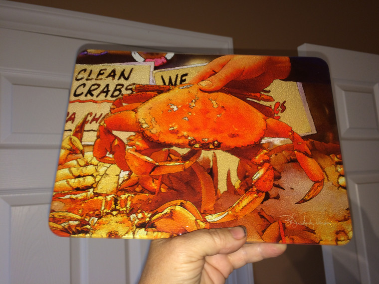 Crab - Glass Cutting Board - Dungeness  - 7.75in  x 10.75in