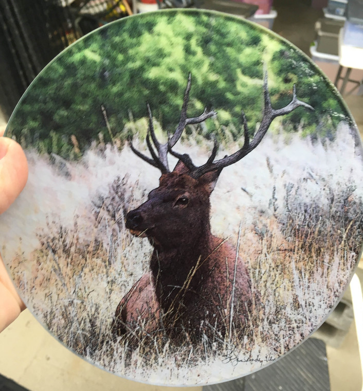 Round Glass Cutting Board - Elk Sitting  -  8 inch
