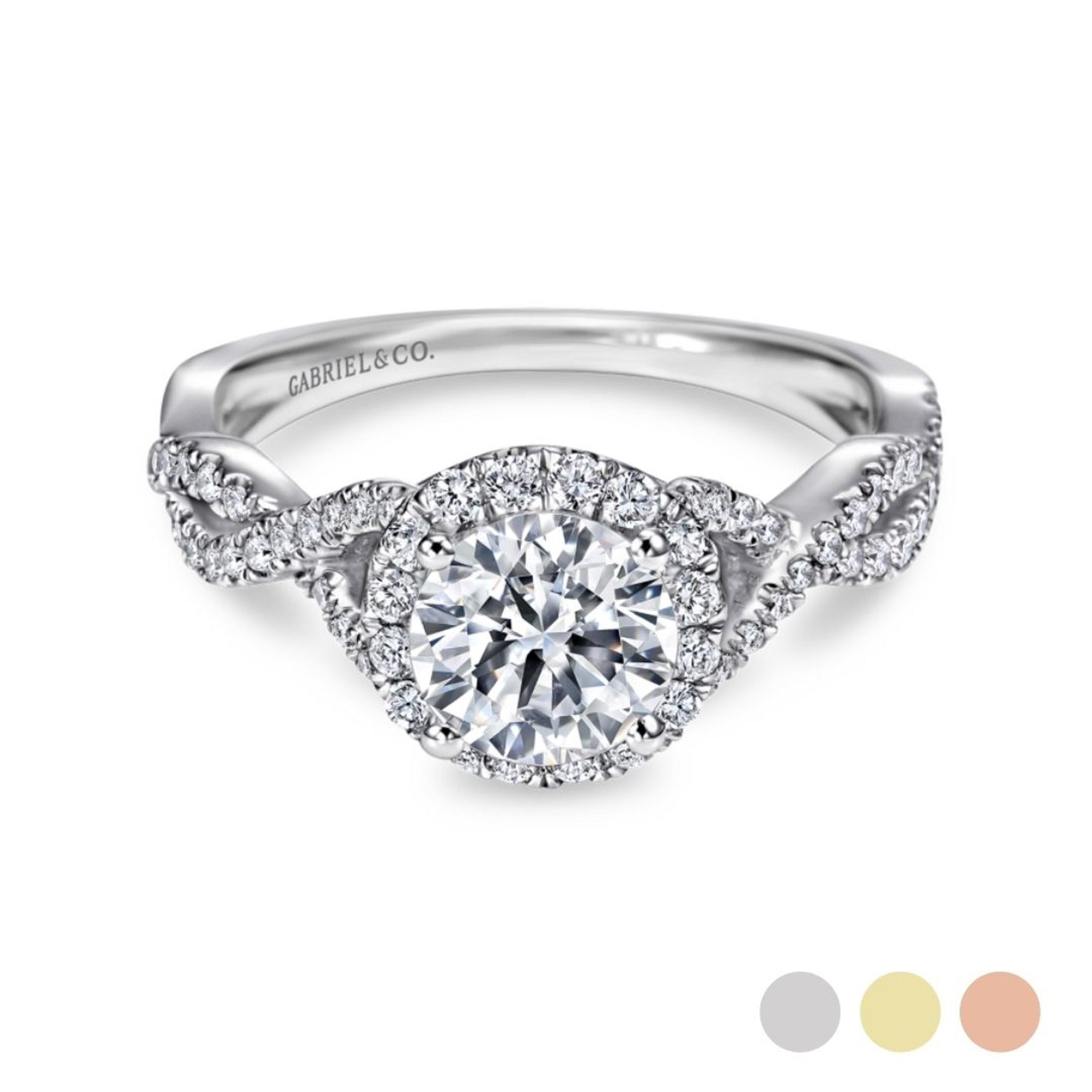 14K gold diamond criss cross engagement ring with diamond halo