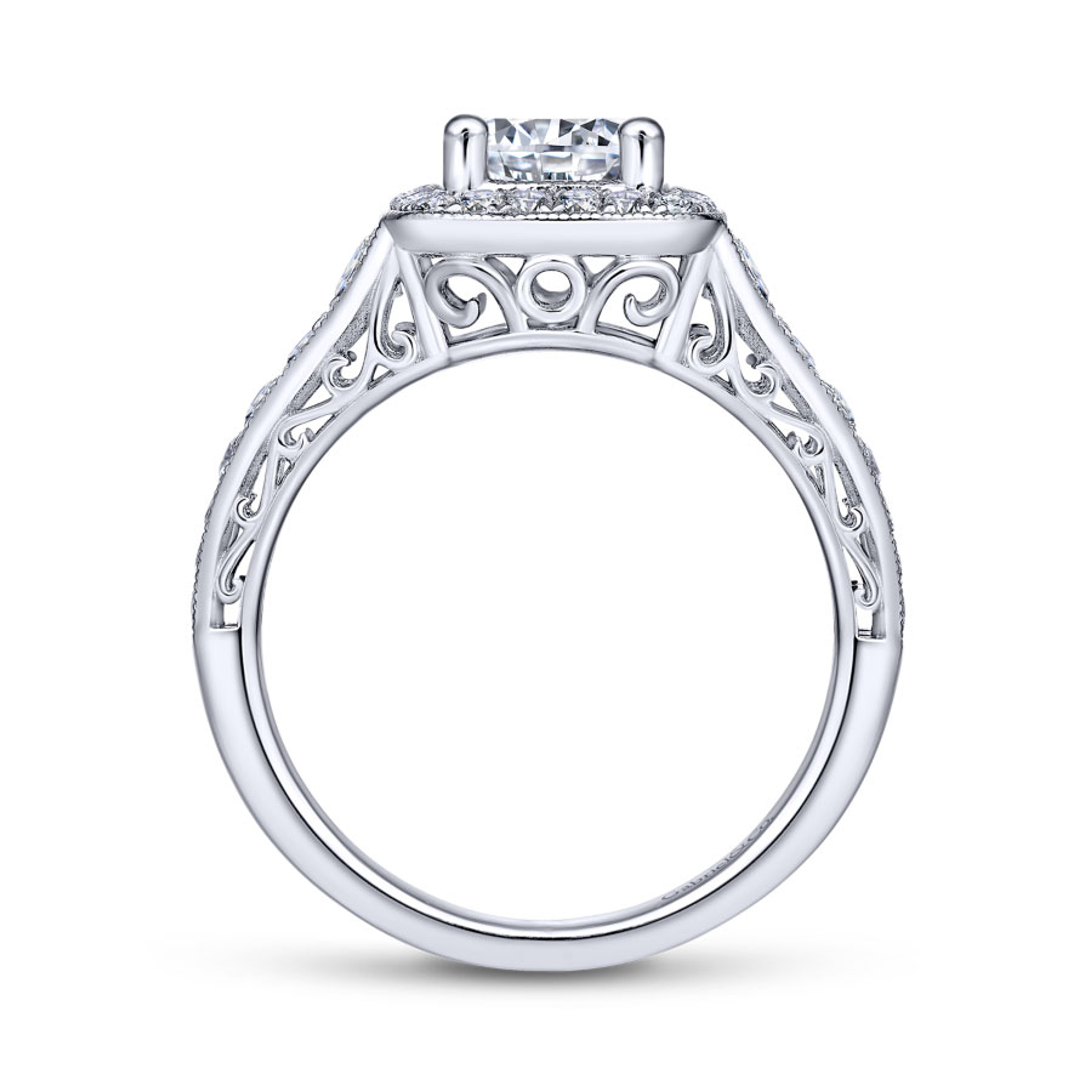 14K gold cushion halo engagement ring with diamond encrusted band and scrollwork detailing