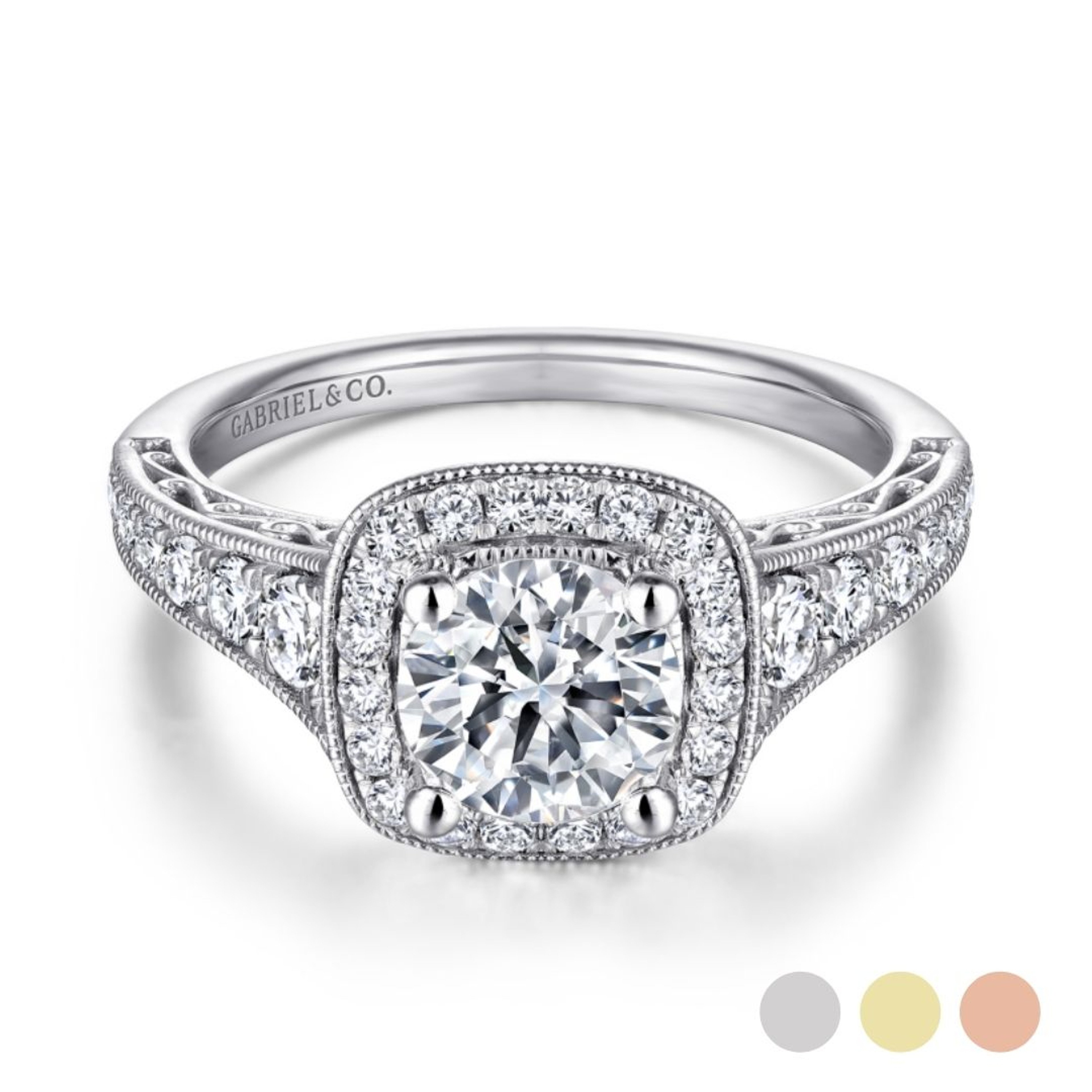 14K gold cushion halo engagement ring with diamond encrusted band and scrollwork detailing