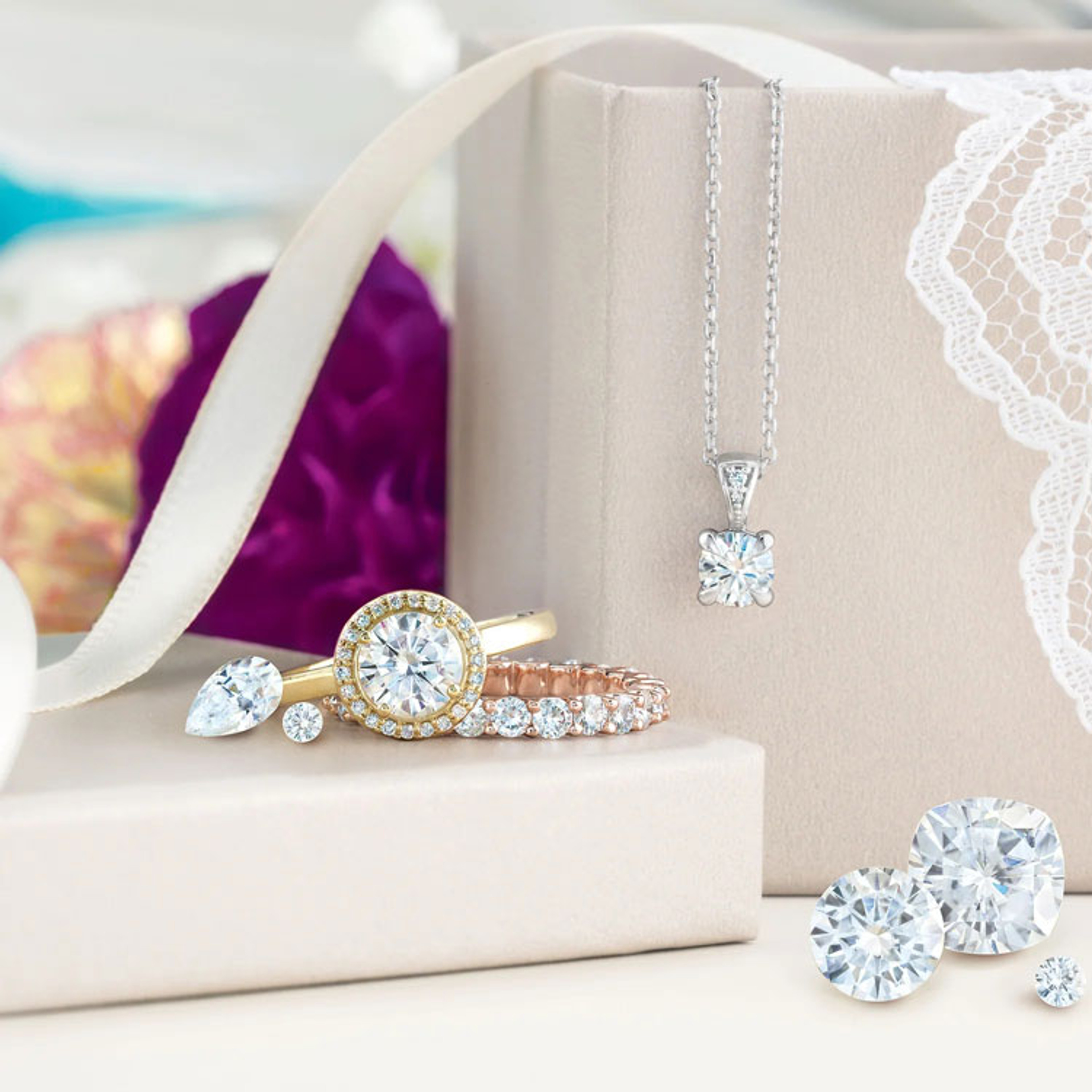 halo engagement ring with diamond accented band