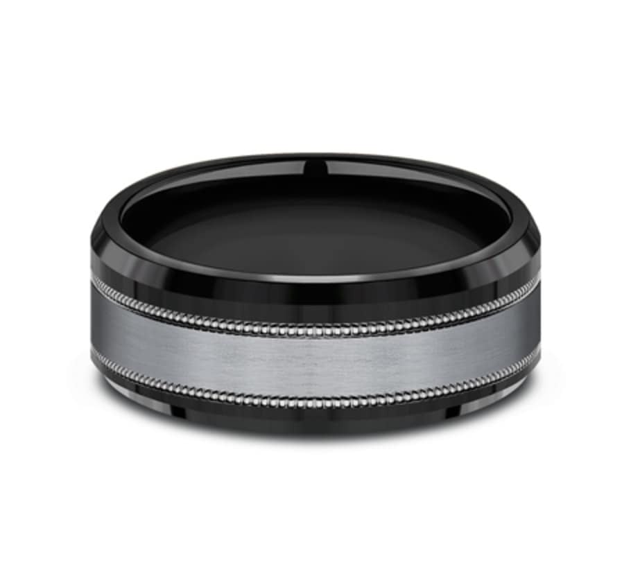 The Professor 8.00 mm Black Titanium & Grey Tantalum Satin & Milgrain Wedding Ring