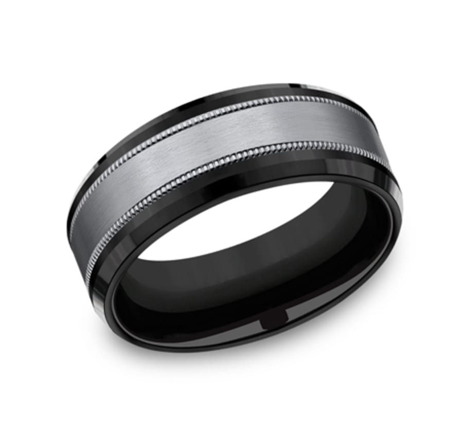 The Professor 8.00 mm Black Titanium & Grey Tantalum Satin & Milgrain Wedding Ring