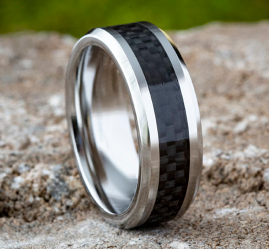 The Hamilton 8.00 mm White Cobalt and Black Carbon Fiber Inlay Wedding Ring