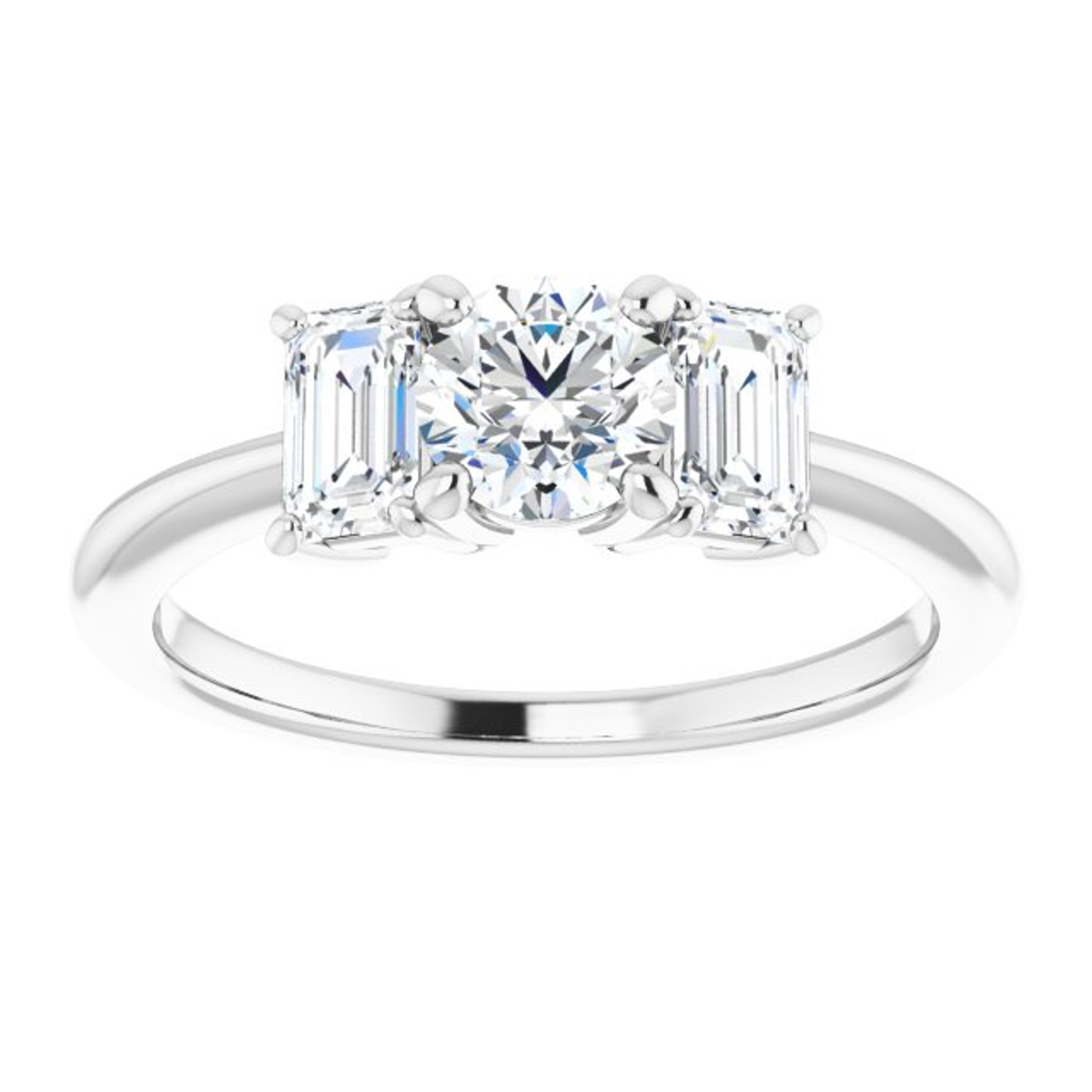 three-stone engagement ring setting with polished band and emerald cut side stones