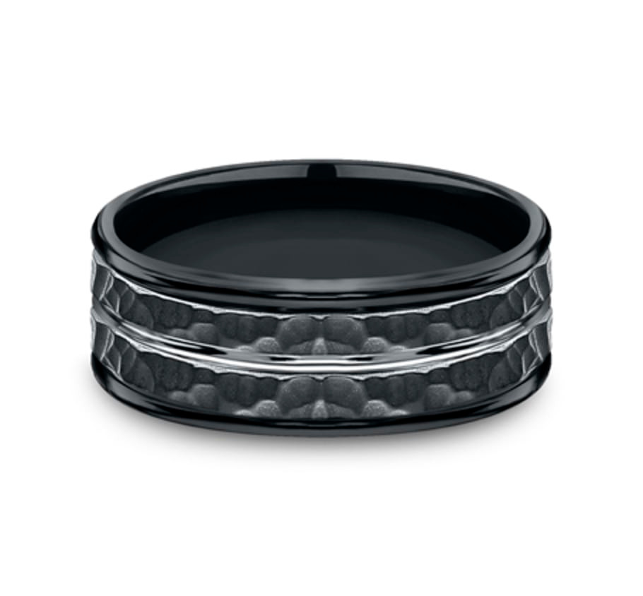 The Lambert 8.00 mm Black Cobalt Hammered Finish & Center Groove Wedding Ring