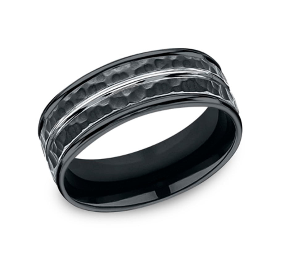 The Lambert 8.00 mm Black Cobalt Hammered Finish & Center Groove Wedding Ring