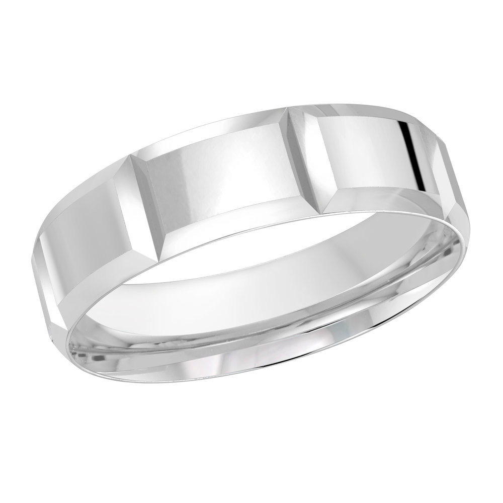 Men's white gold wedding ring with high polish V shaped cuts and slanted edges.