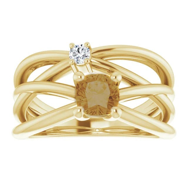 14K yellow gold criss-cross free form engagement ring with fancy chocolate champagne diamond
