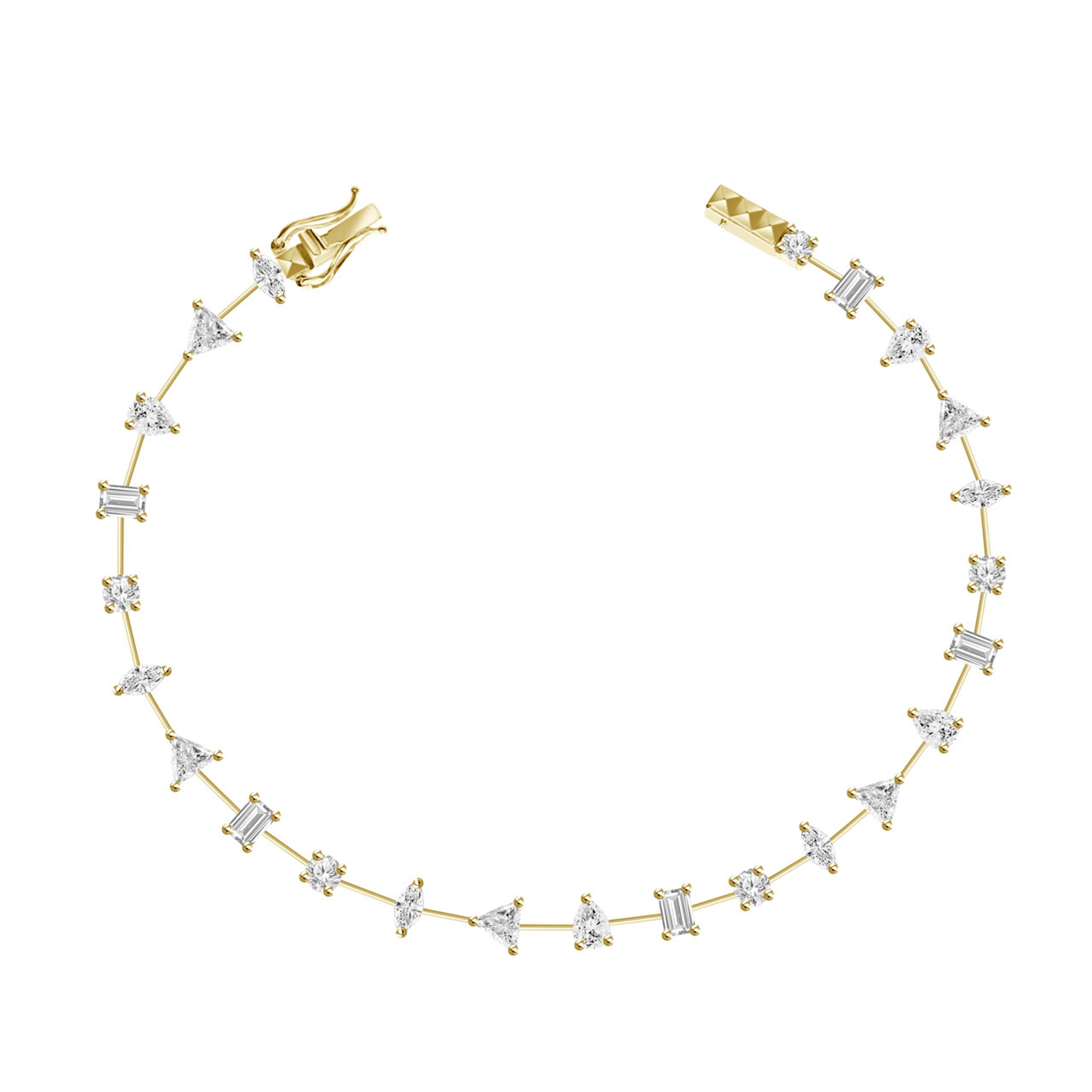 18K yellow gold tennis bracelet with alternating cuts of natural diamonds