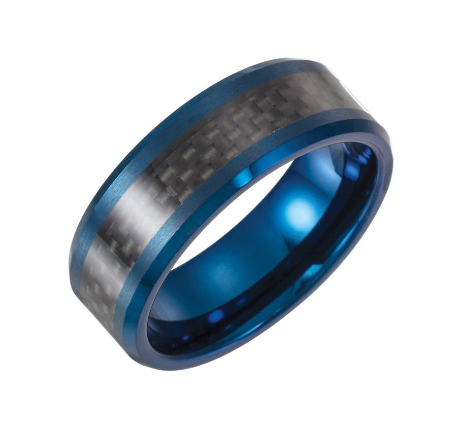 8.00 mm Tungsten Blue Enameled Band with Black Carbon Fiber Inlay Wedding Ring