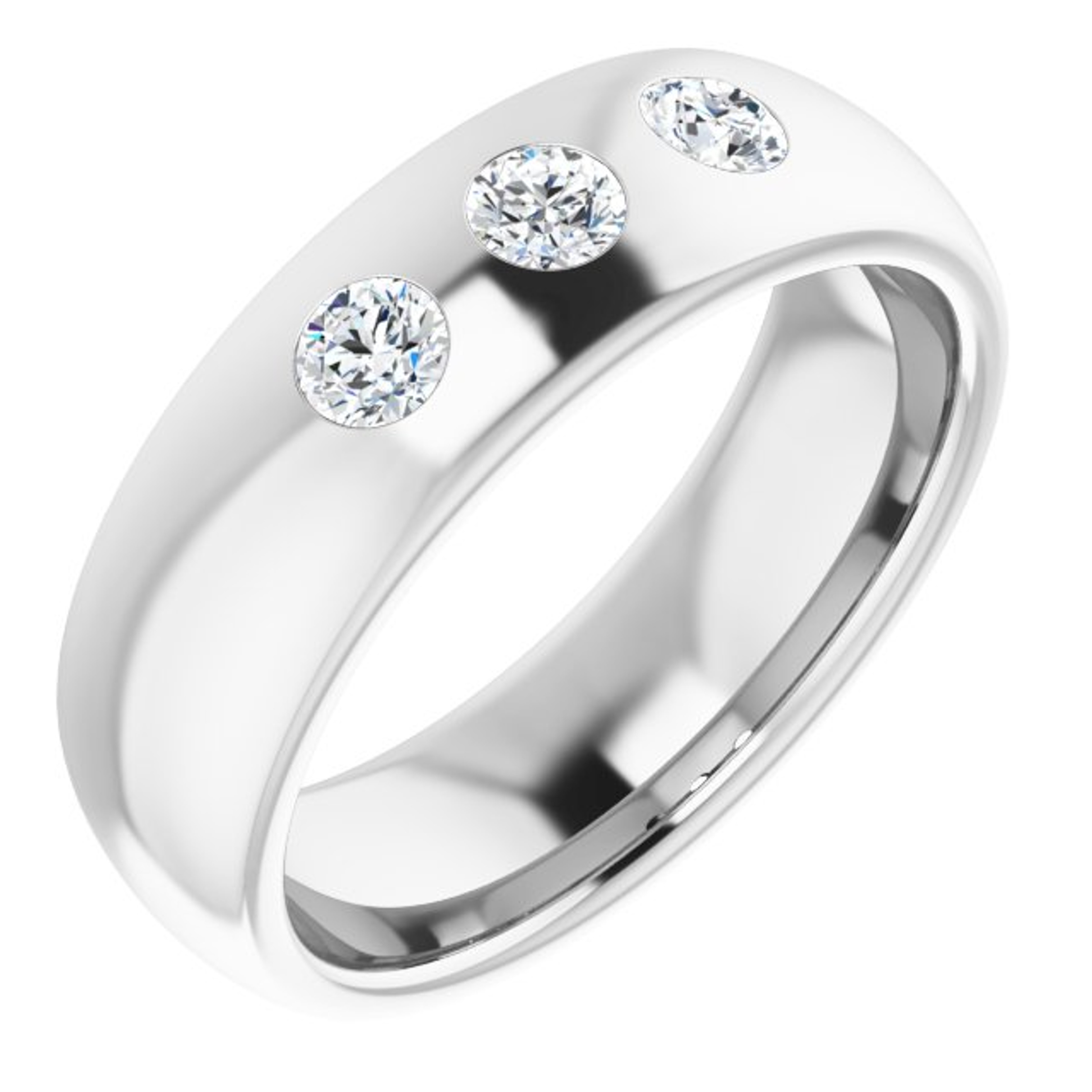 14K gold polished wedding ring with three flush diamonds