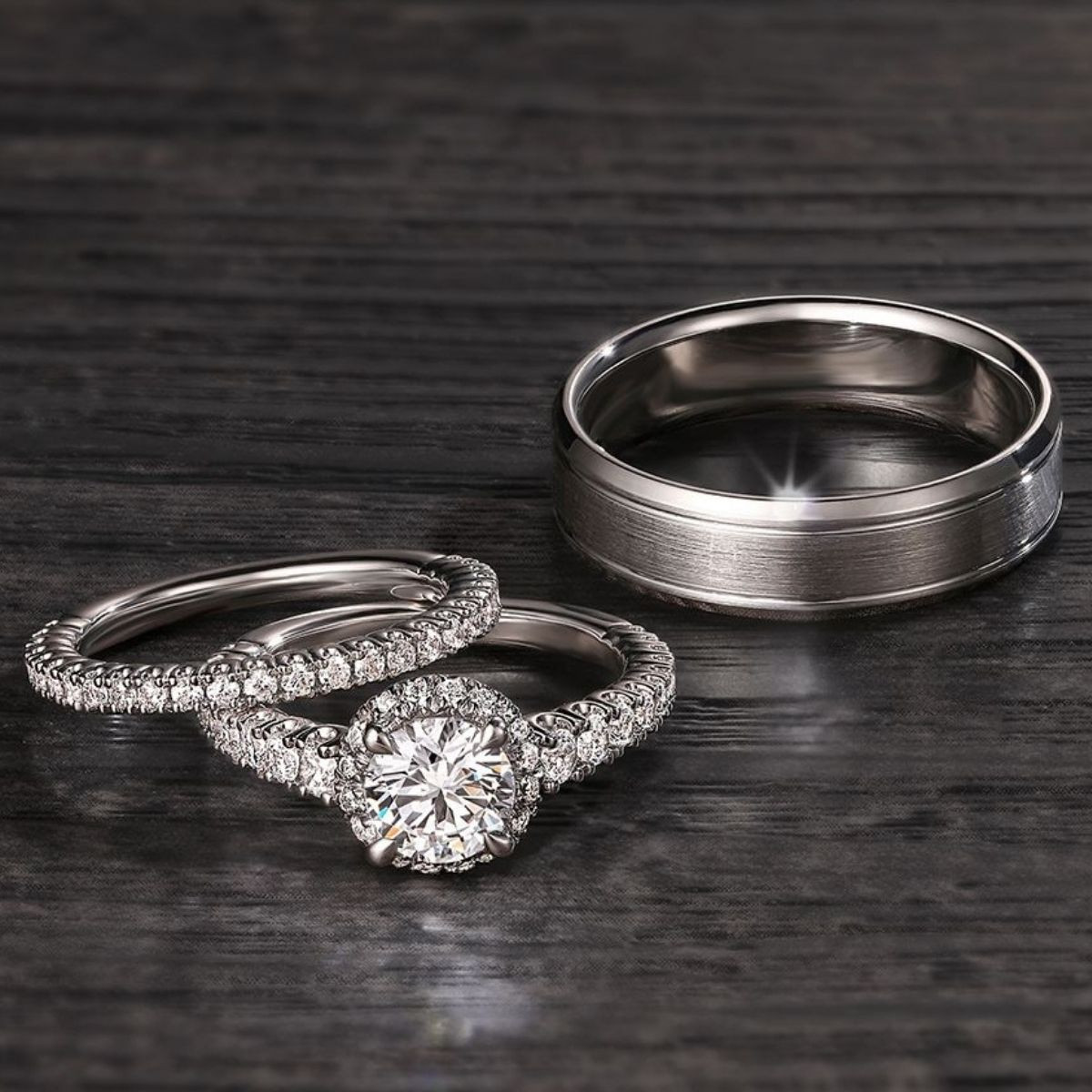 women's diamond wedding ring and matching men's polished wedding ring