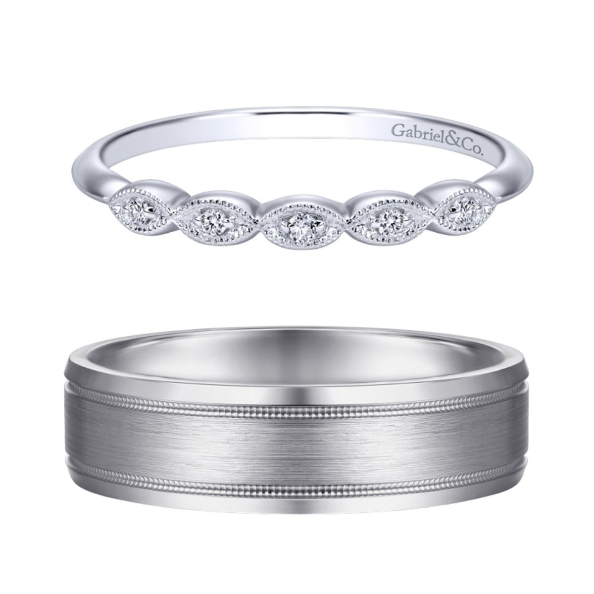women's leaf-motif diamond wedding ring with matching men's polished milgrain detail wedding ring