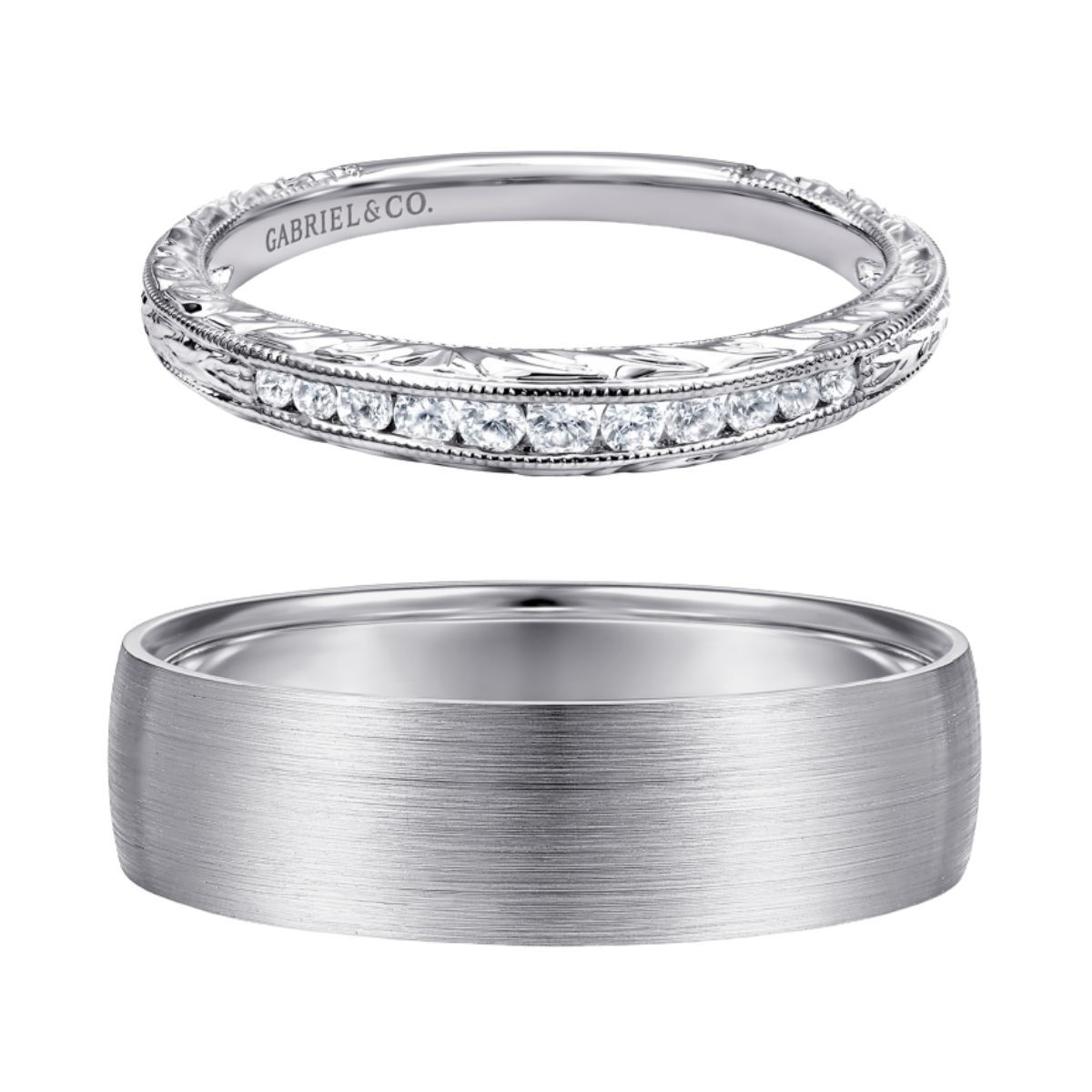 women's vintage-inspired diamond wedding ring with men's polished wedding ring