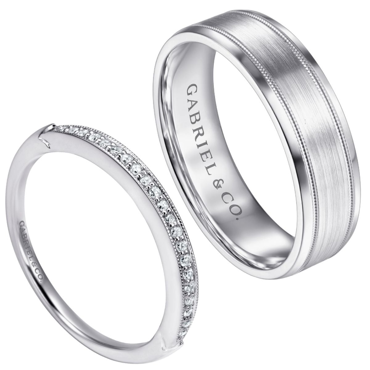 women's channel set diamond wedding ring with milgrain detailing and matching men's polished wedding ring with satin finish and milgrain detailing