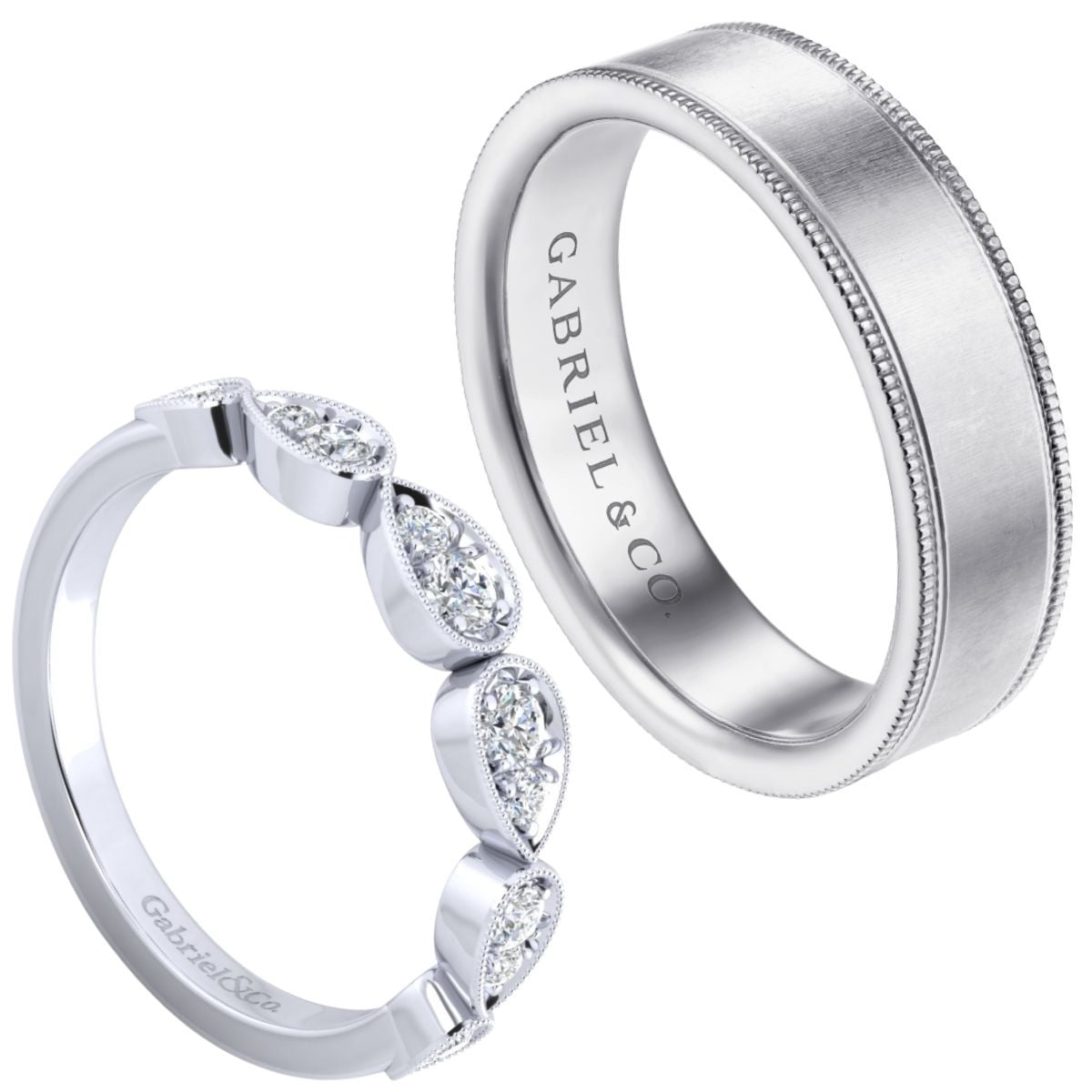 women's vintage inspired diamond wedding ring with matching men's sandblasted finish wedding ring with milgrain detailing