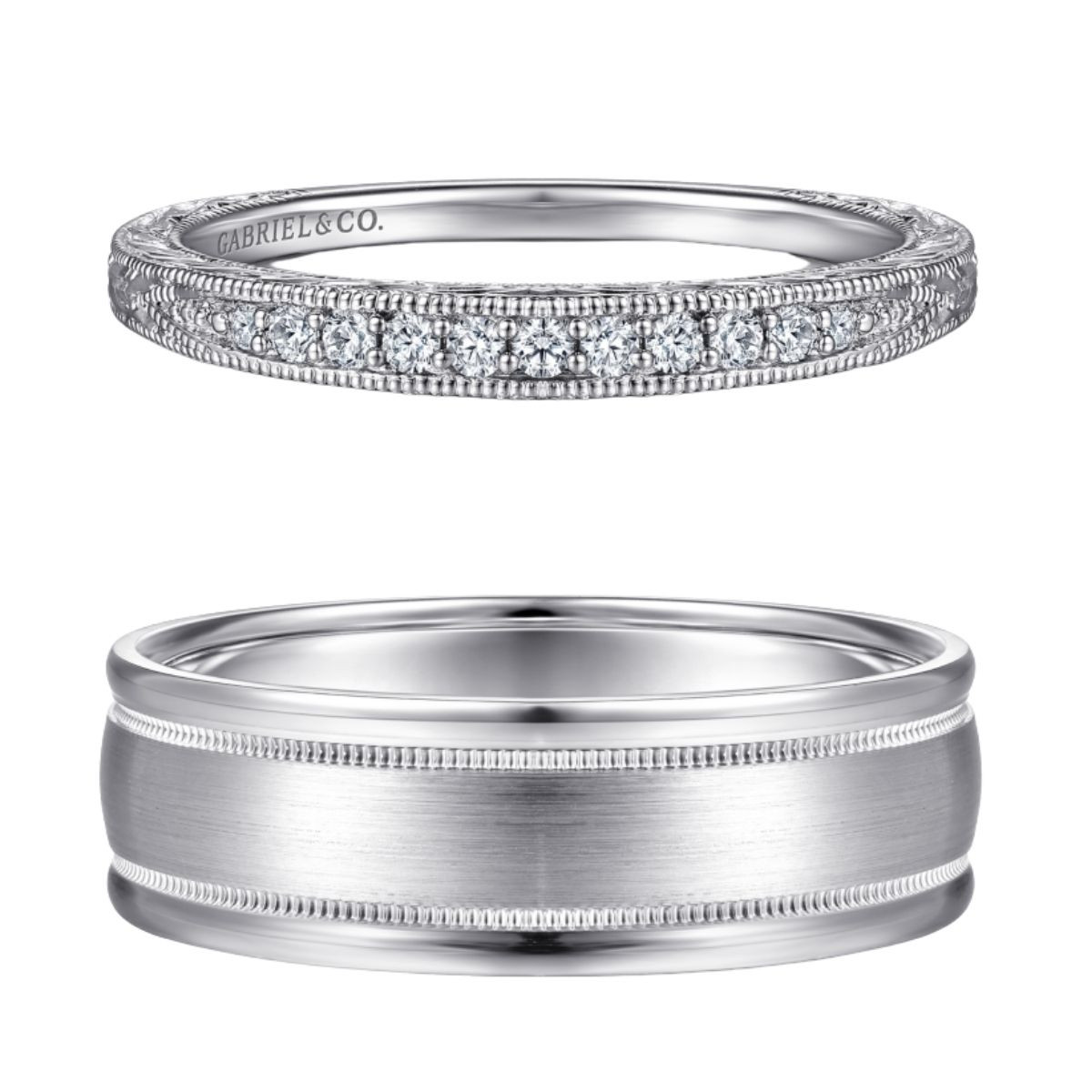 women's channel set diamond wedding ring with milgrain detailing and matching men's satin wedding ring with milgrain edges