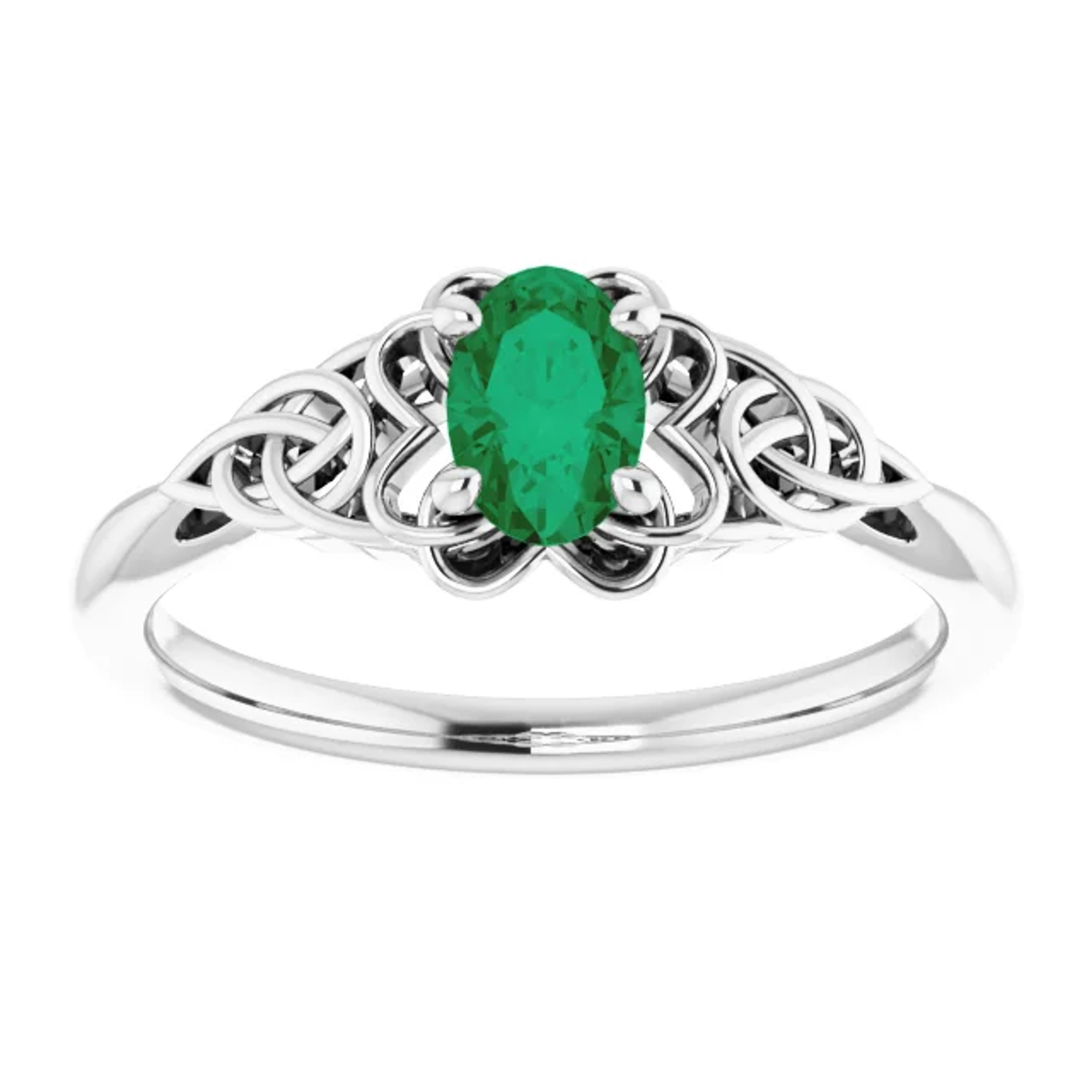 14K gold promise ring with oval-shaped emerald and celtic-knot band