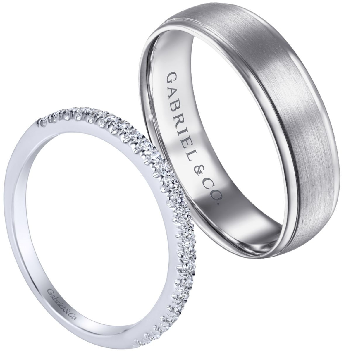women's curved pave diamond wedding ring with matching men's polished wedding ring