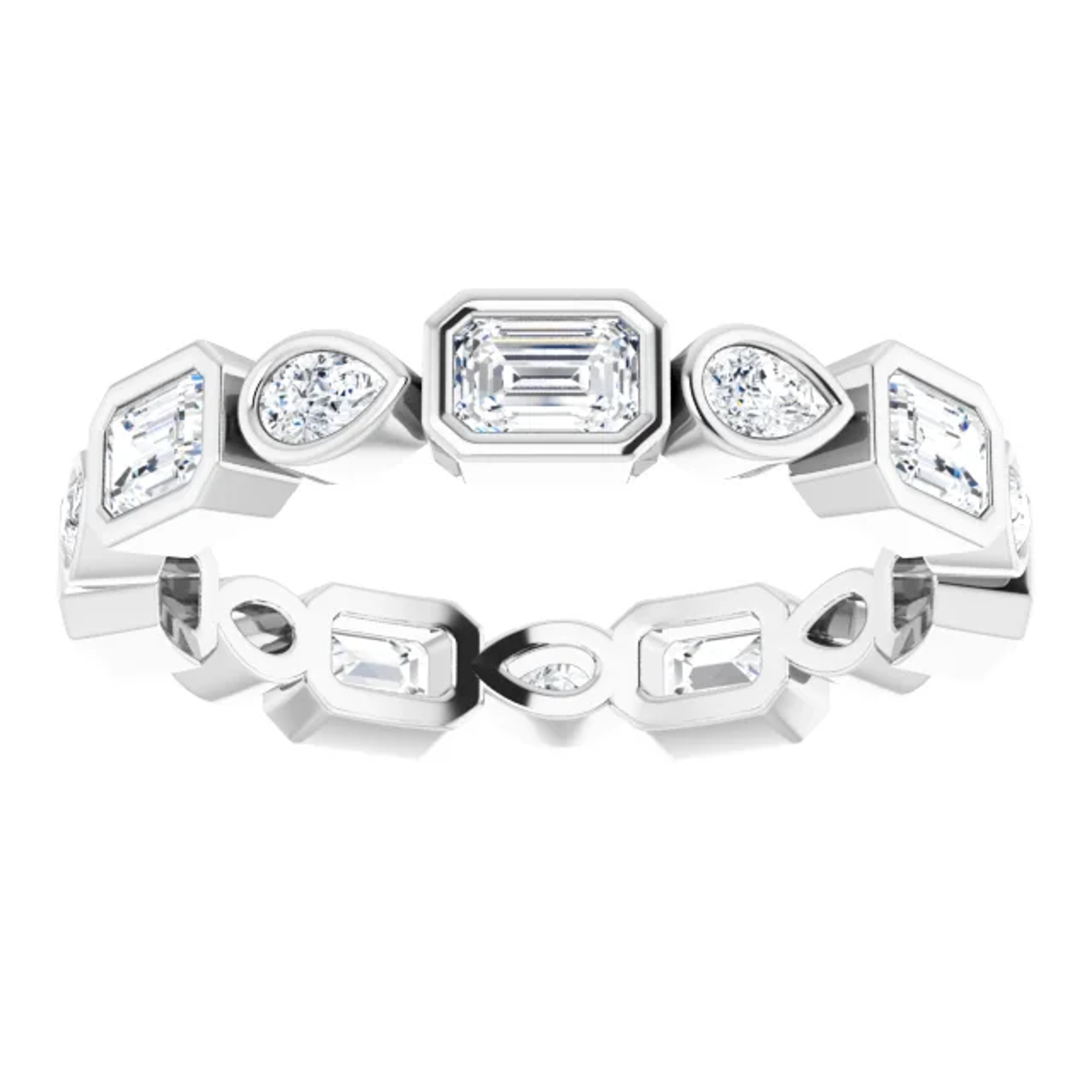 14K gold eternity ring with bezel set emerald-shaped and pear-shaped diamonds alternating around the band