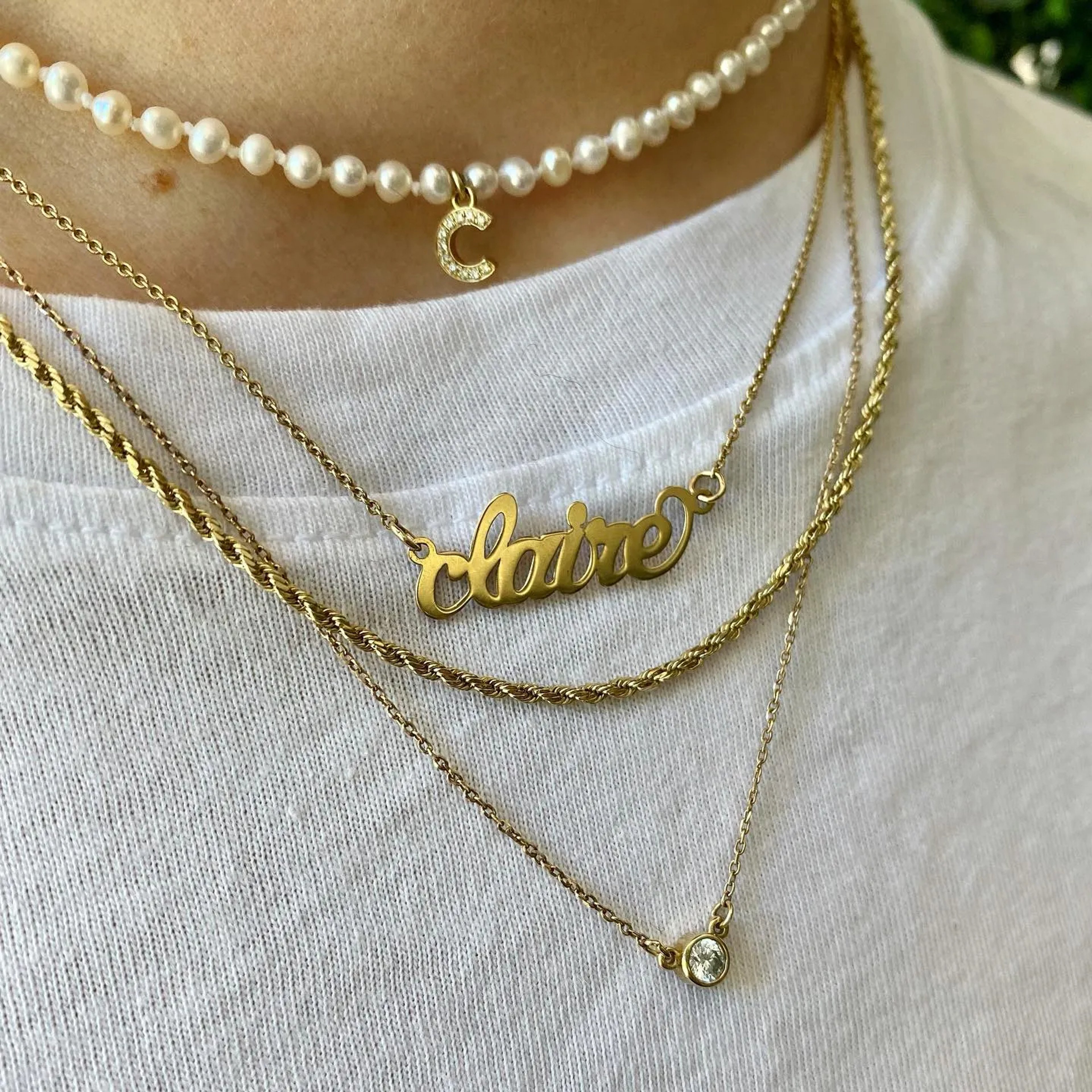 14K yellow gold pearl choker with pave diamond intial
