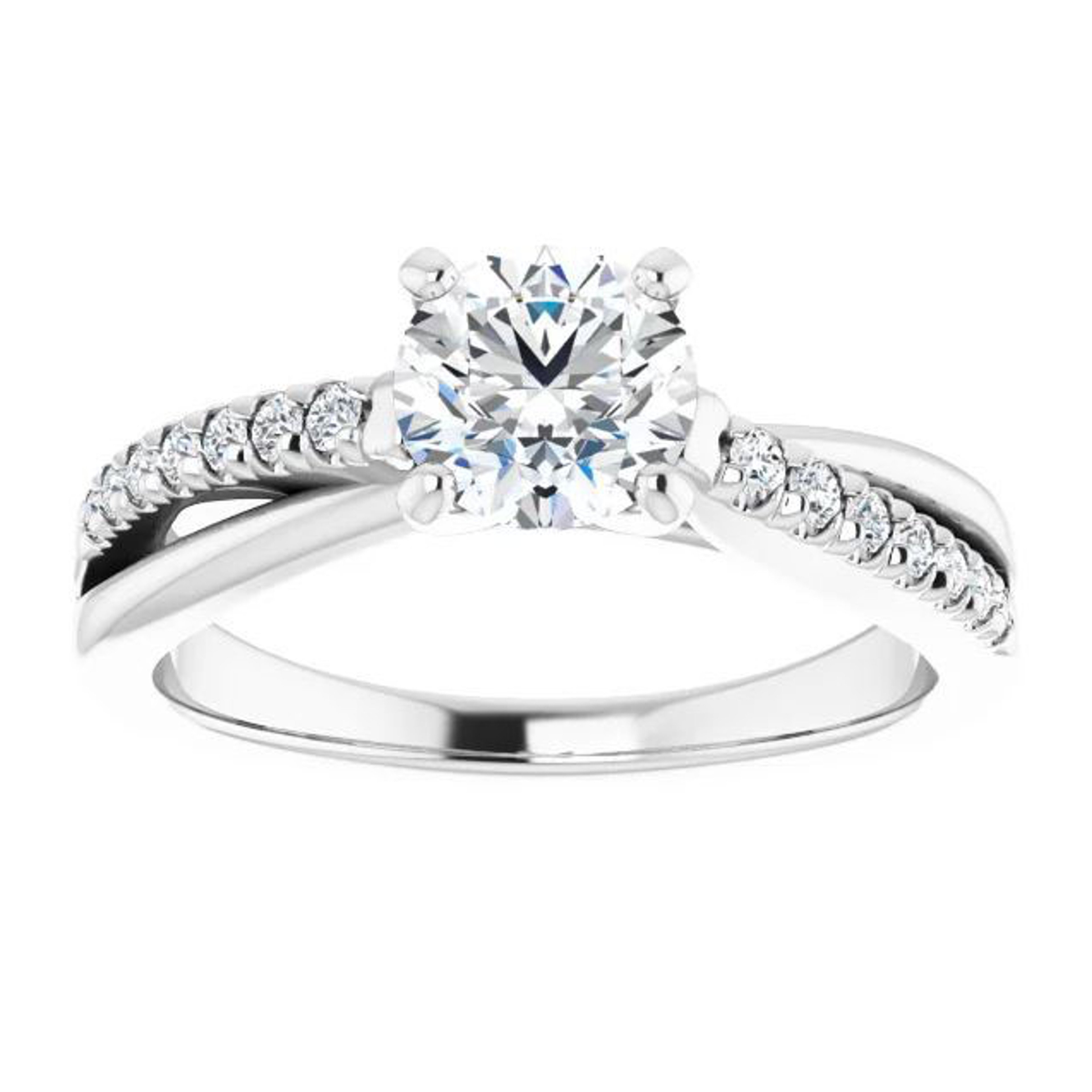 criss cross engagement ring setting with a strand of polished metal and a strand of pave diamonds leading to a center stone