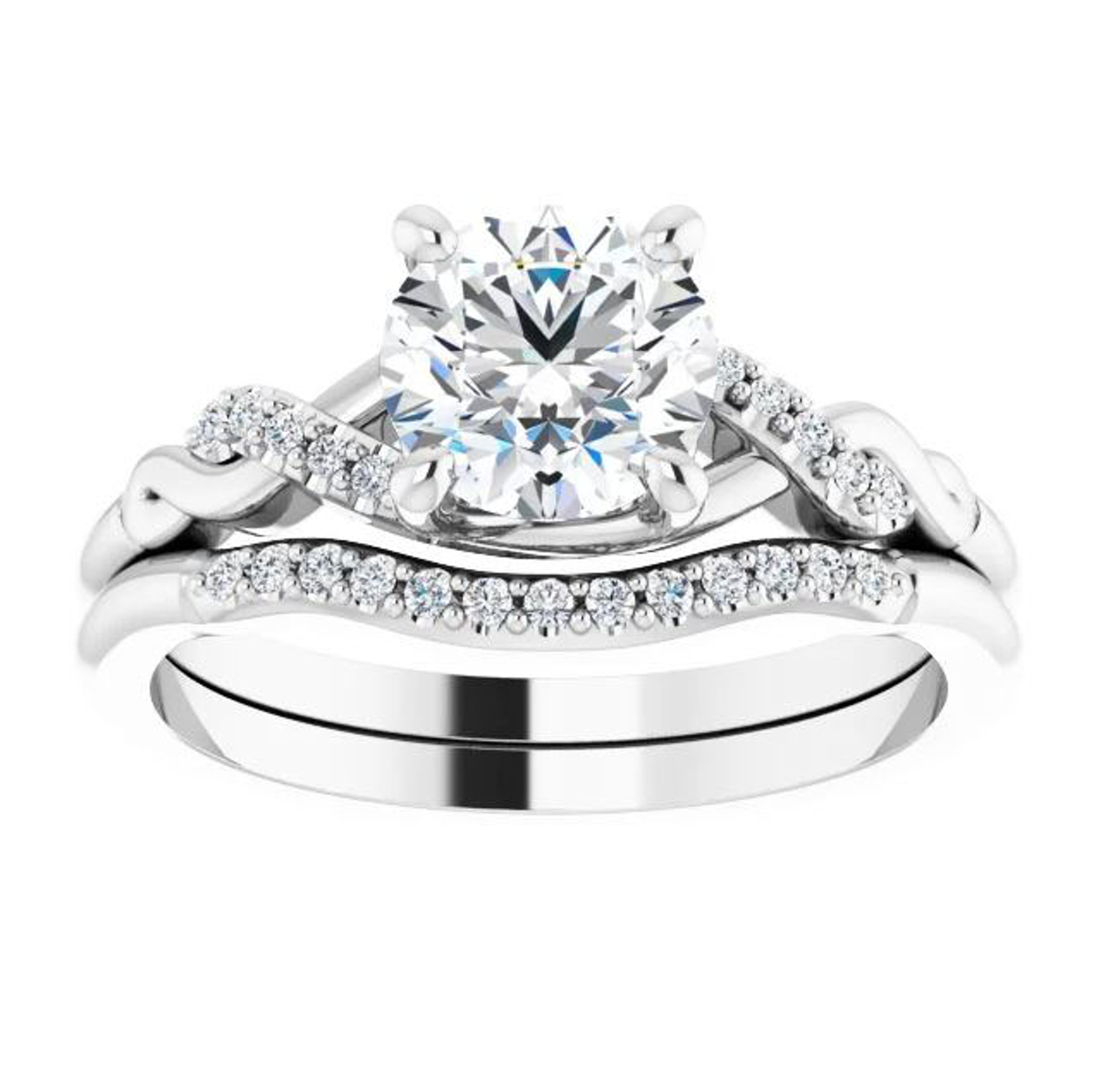 infinity-inspired engagement ring with twisted strands of polished metal and diamonds
