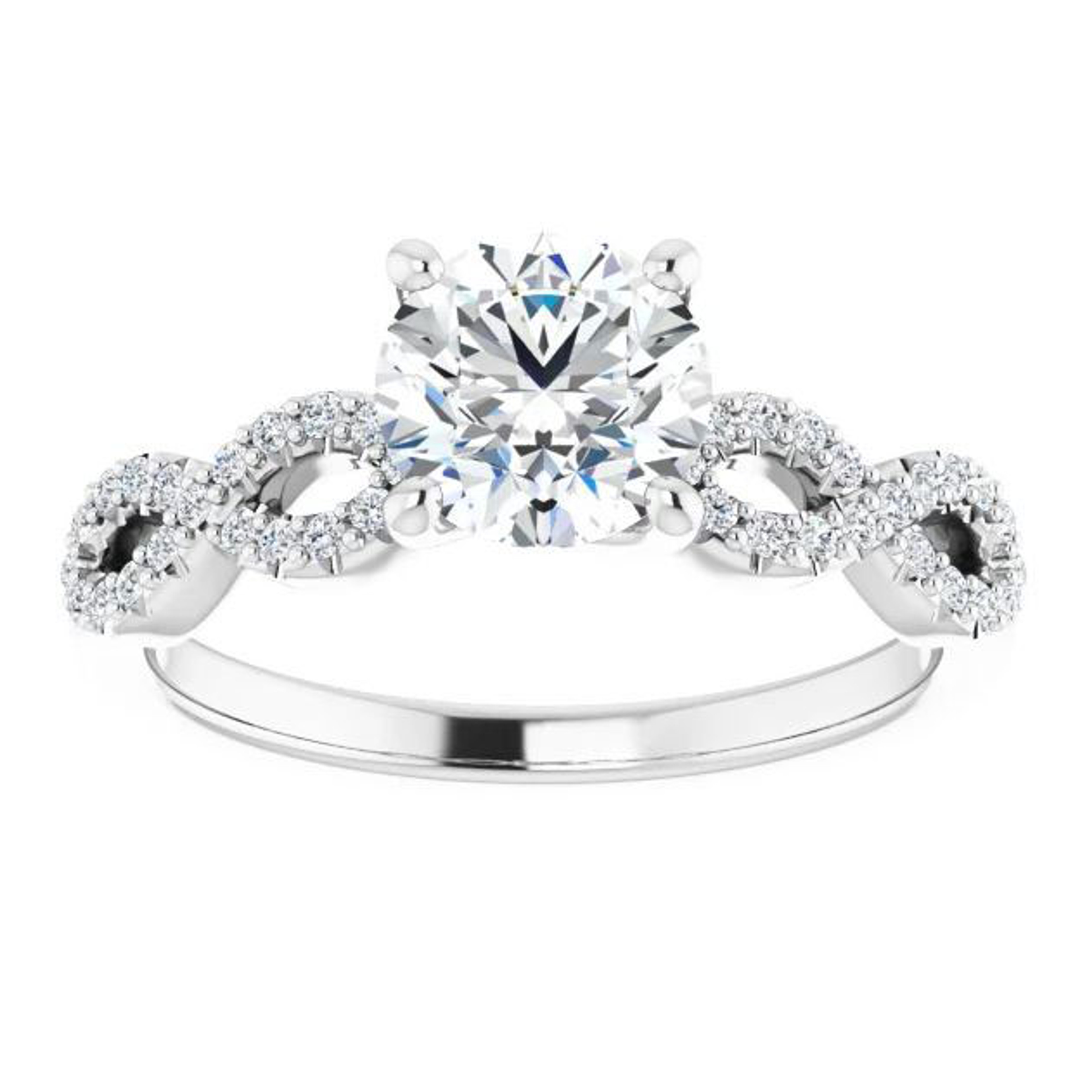 infinity-inspired criss cross engagement ring with diamond accented band
