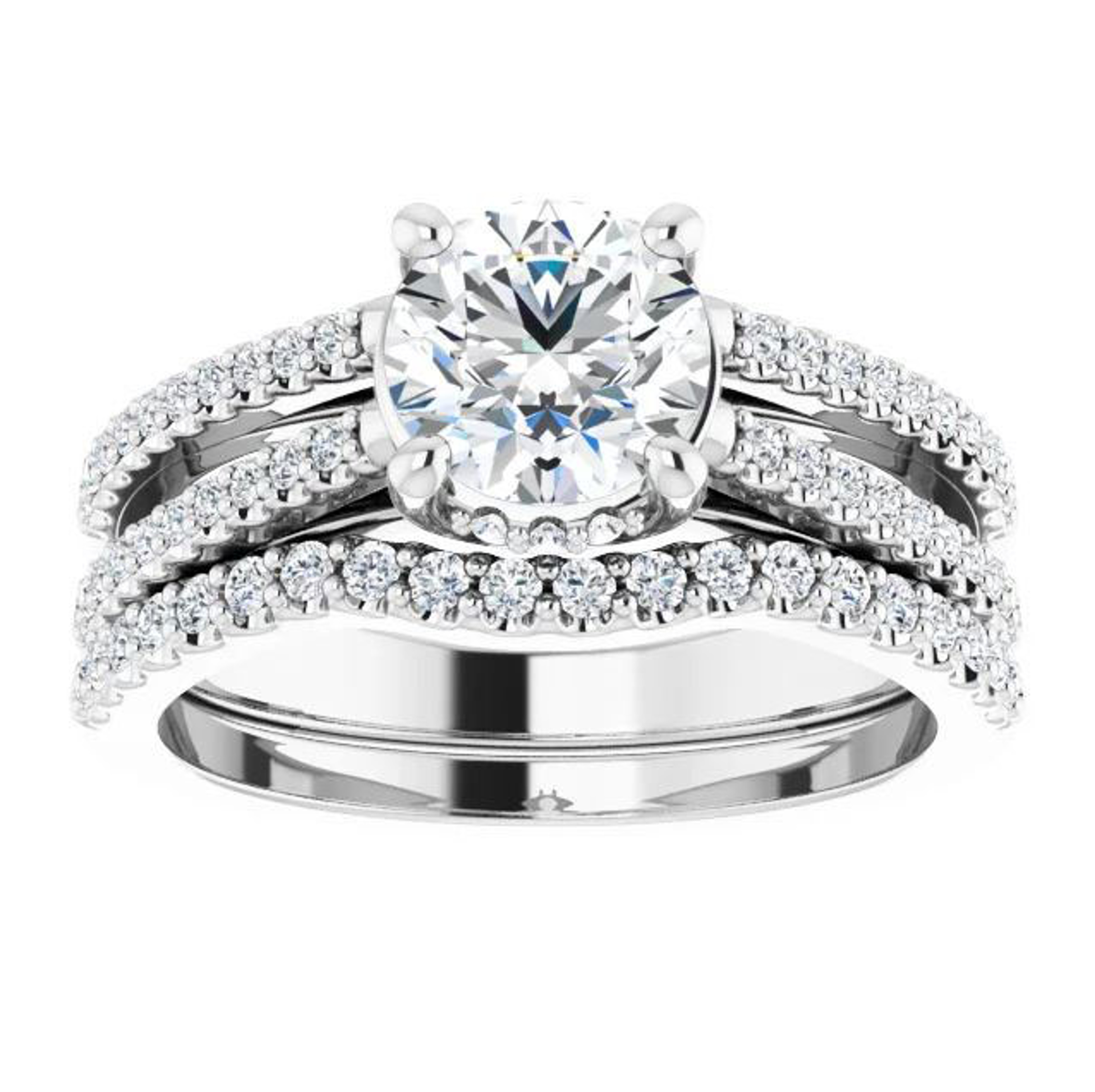 double-band engagement ring with diamond accented band and hidden halo of diamonds