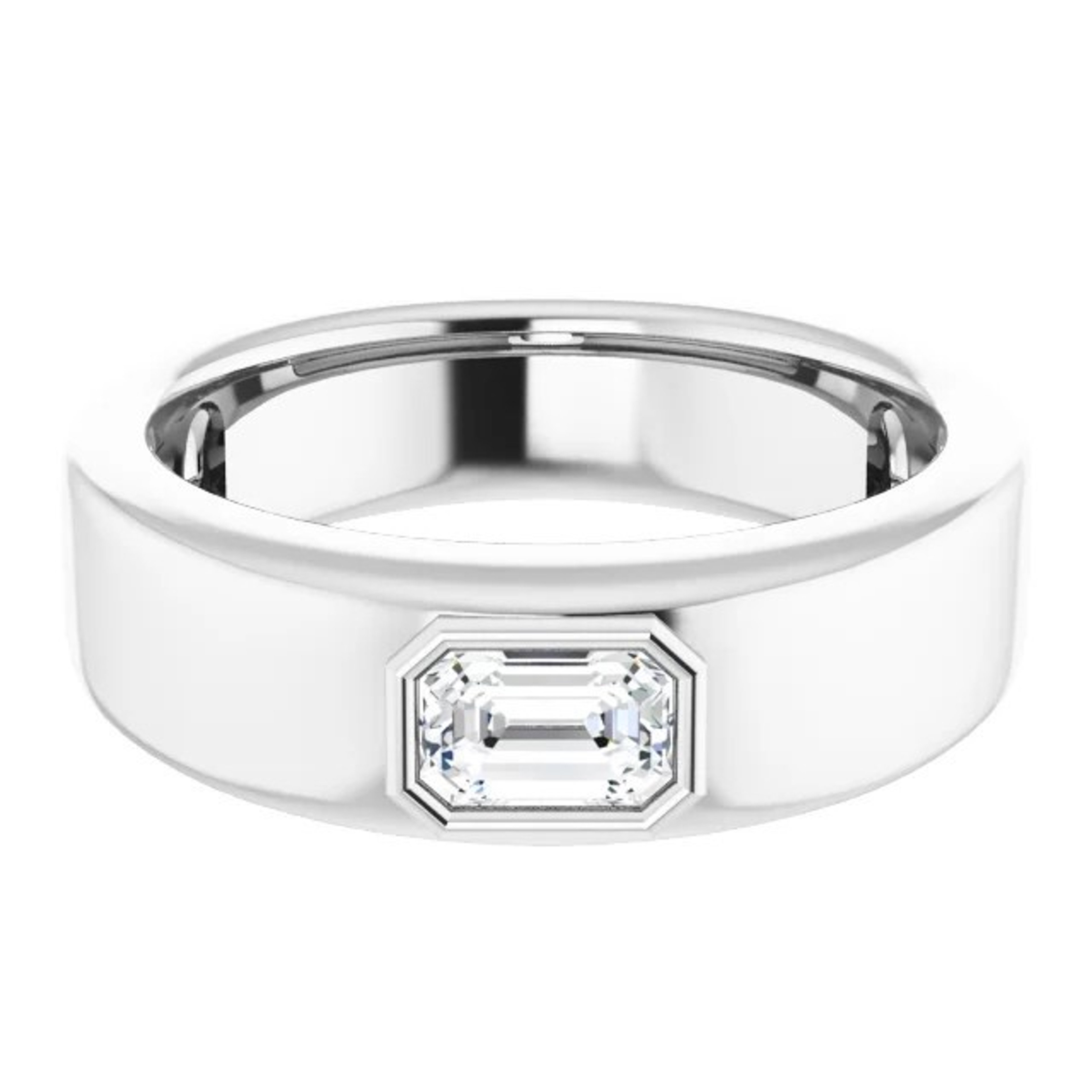 14K gold bezel set emerald-cut lab grown diamond wedding ring