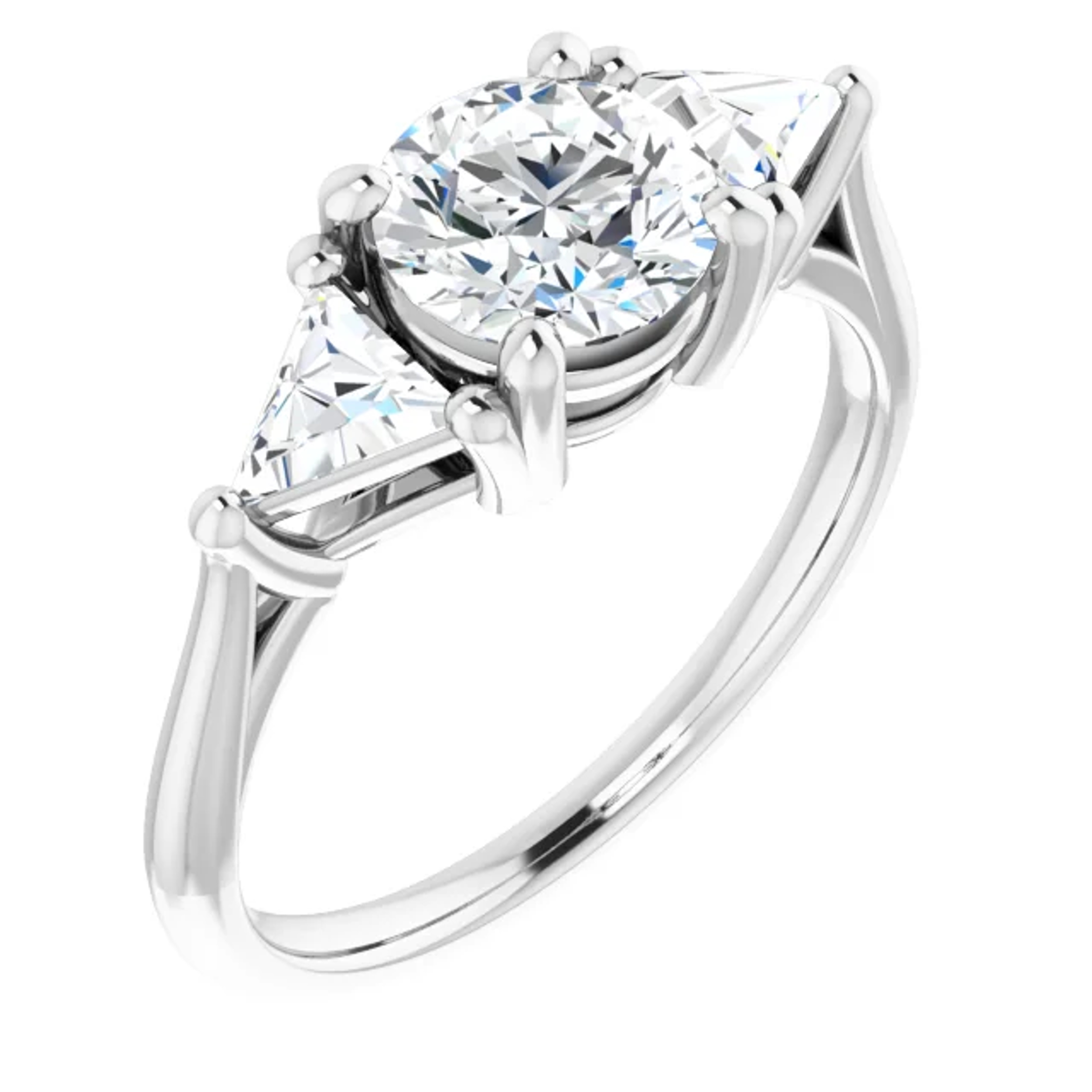 three stone engagement ring with trillion-cut diamond accent stones