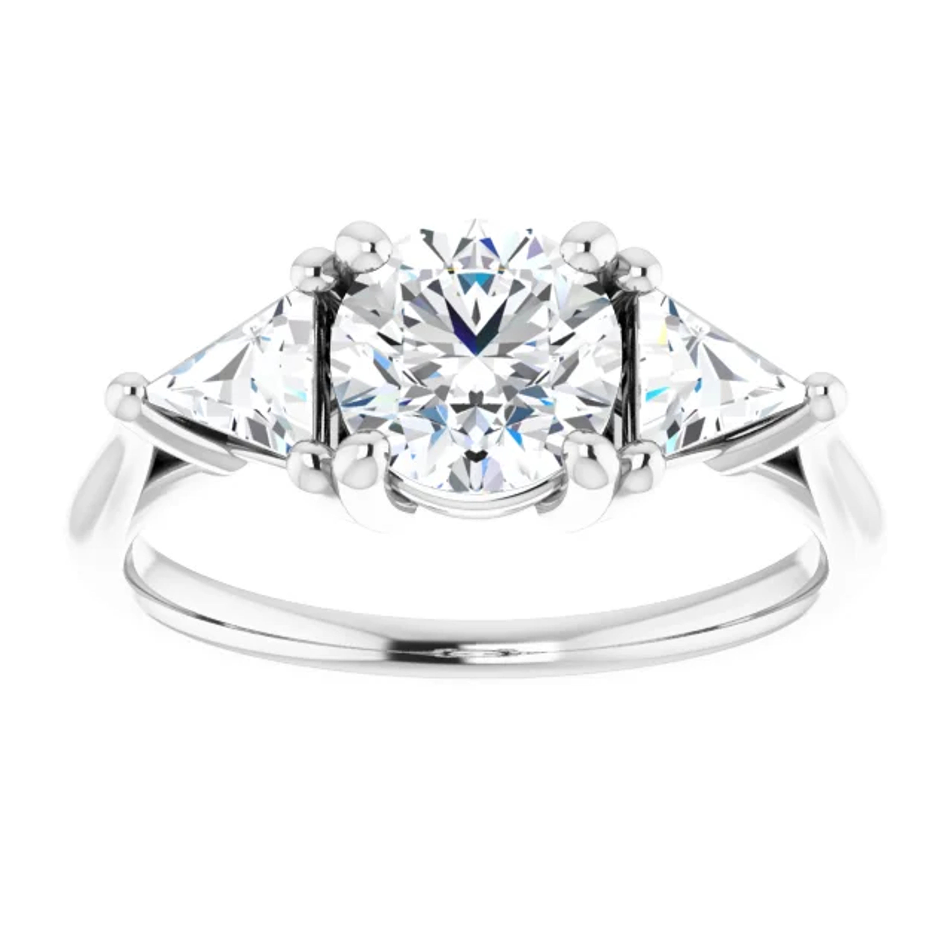 three stone engagement ring with trillion-cut diamond accent stones