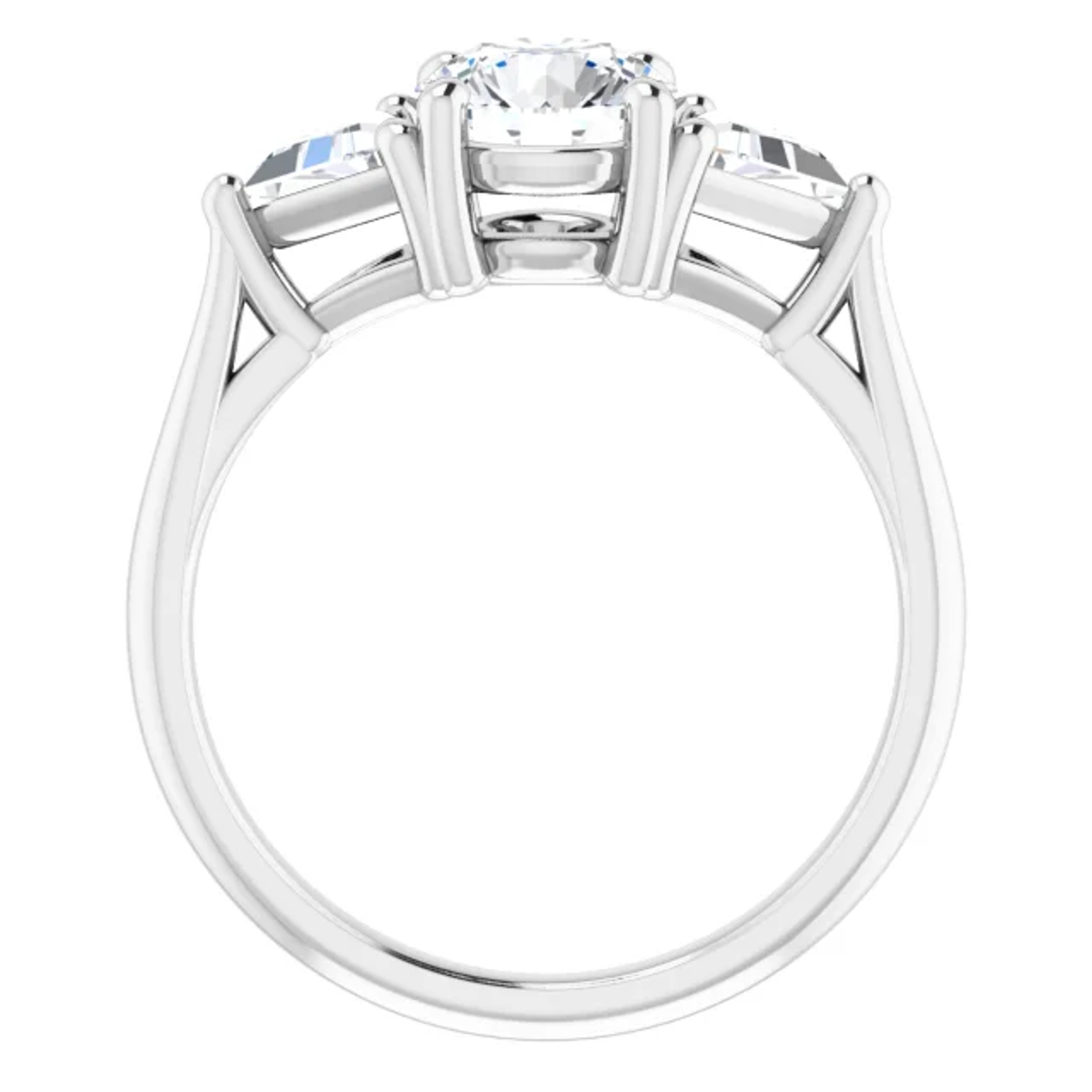 three stone engagement ring with trillion-cut diamond accent stones