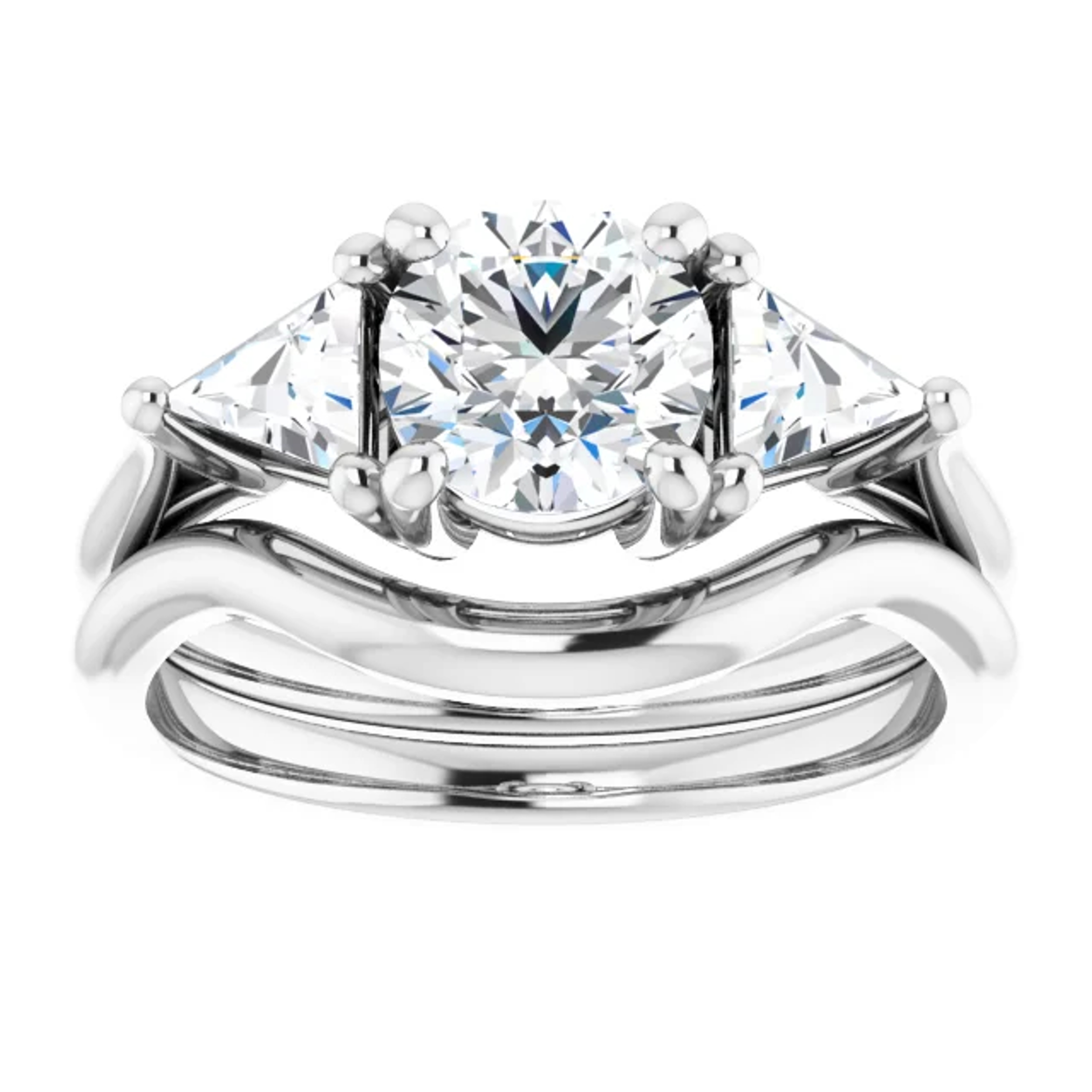 three stone engagement ring with trillion-cut diamond accent stones