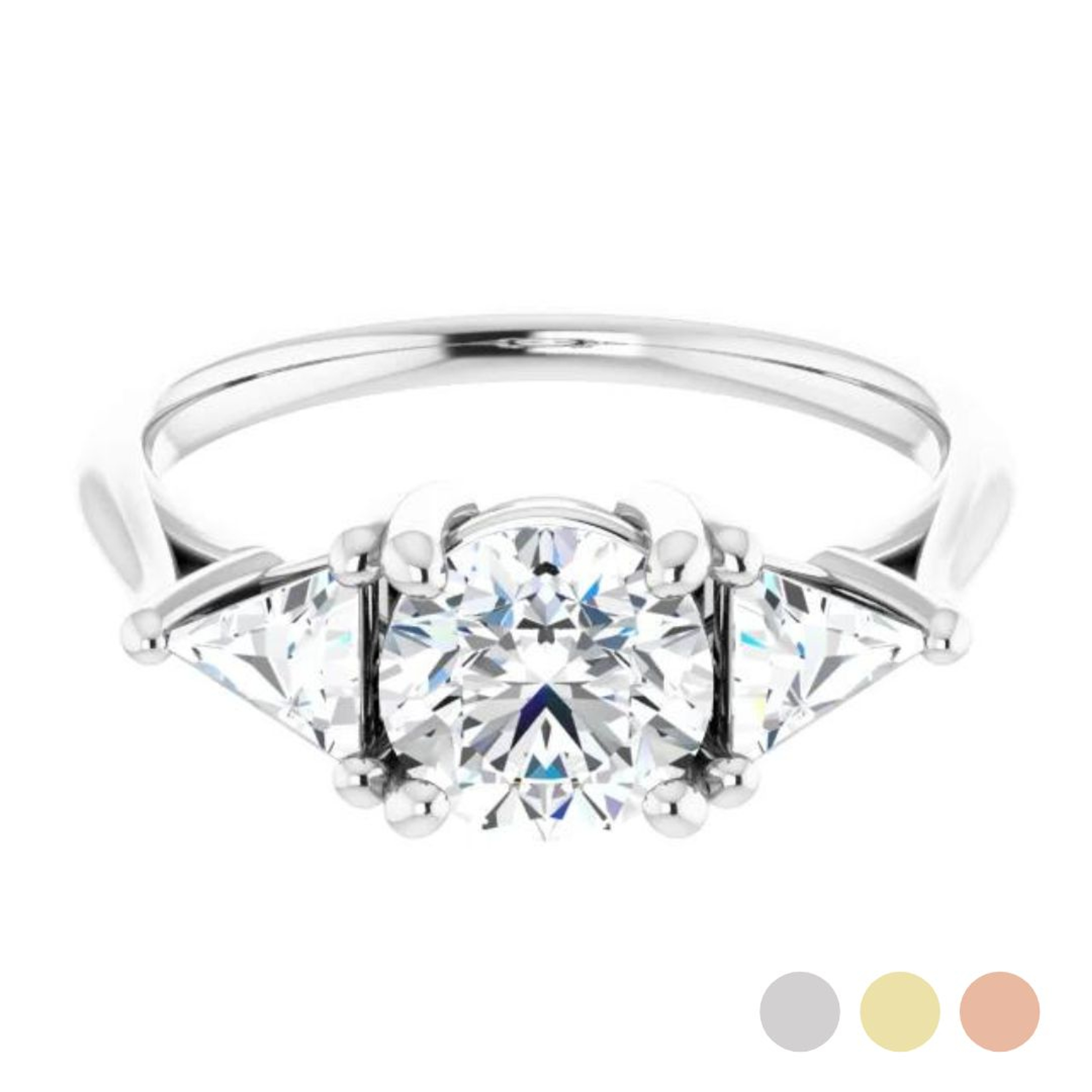 three stone engagement ring with trillion-cut diamond accent stones