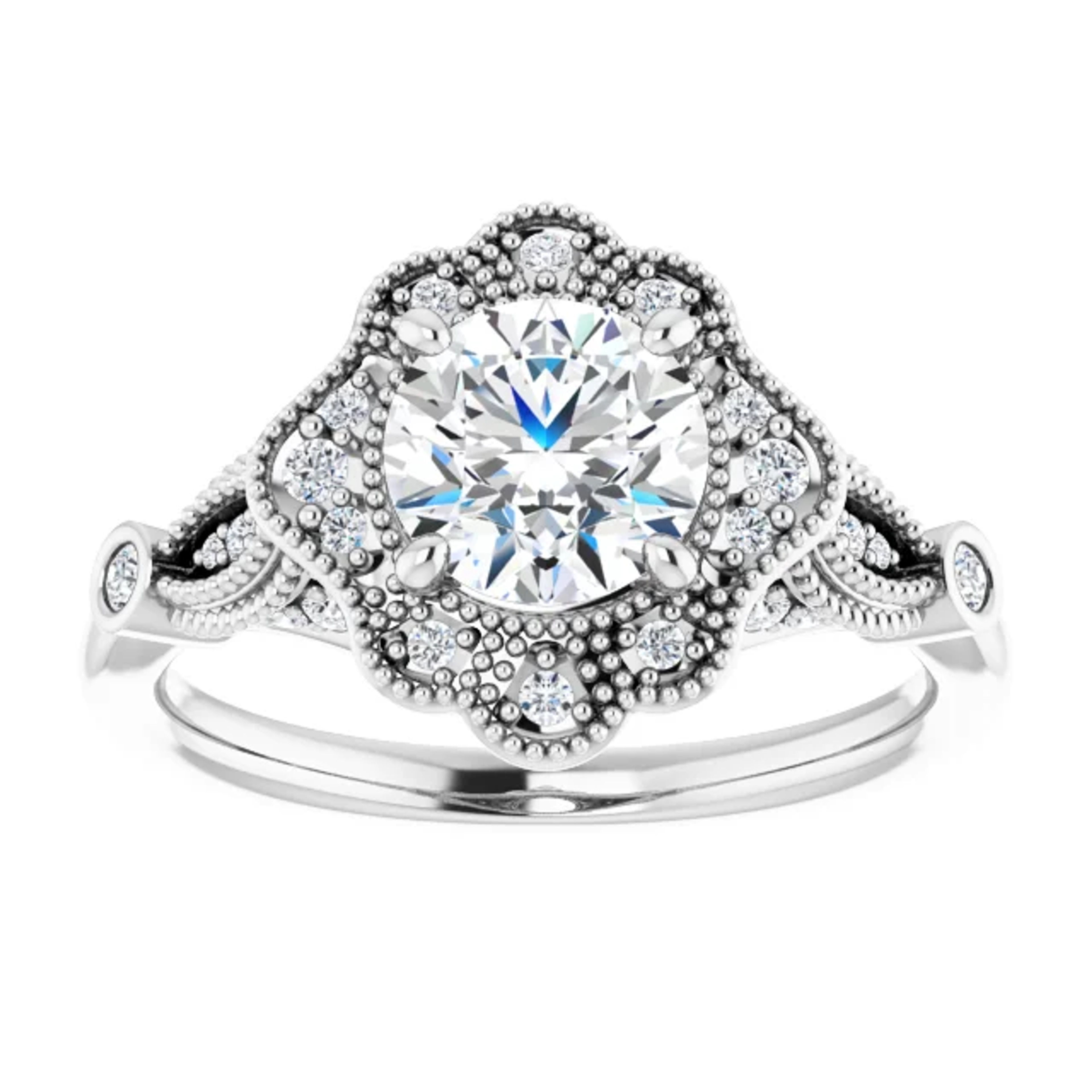 vintage-inspired engagement ring with floral-inspired halo accented with diamonds and ornate detailing on the band