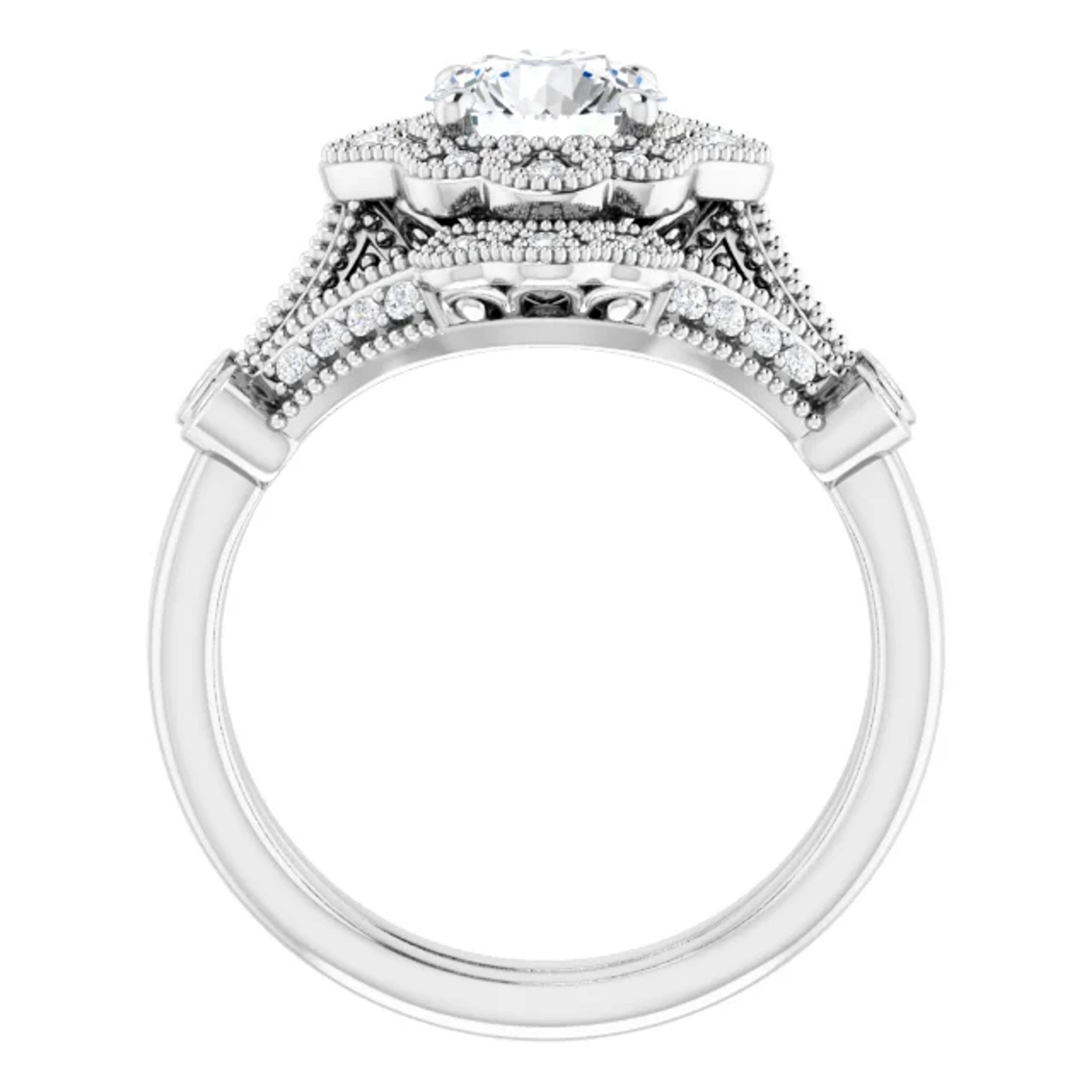 vintage-inspired engagement ring with floral-inspired halo accented with diamonds and ornate detailing on the band