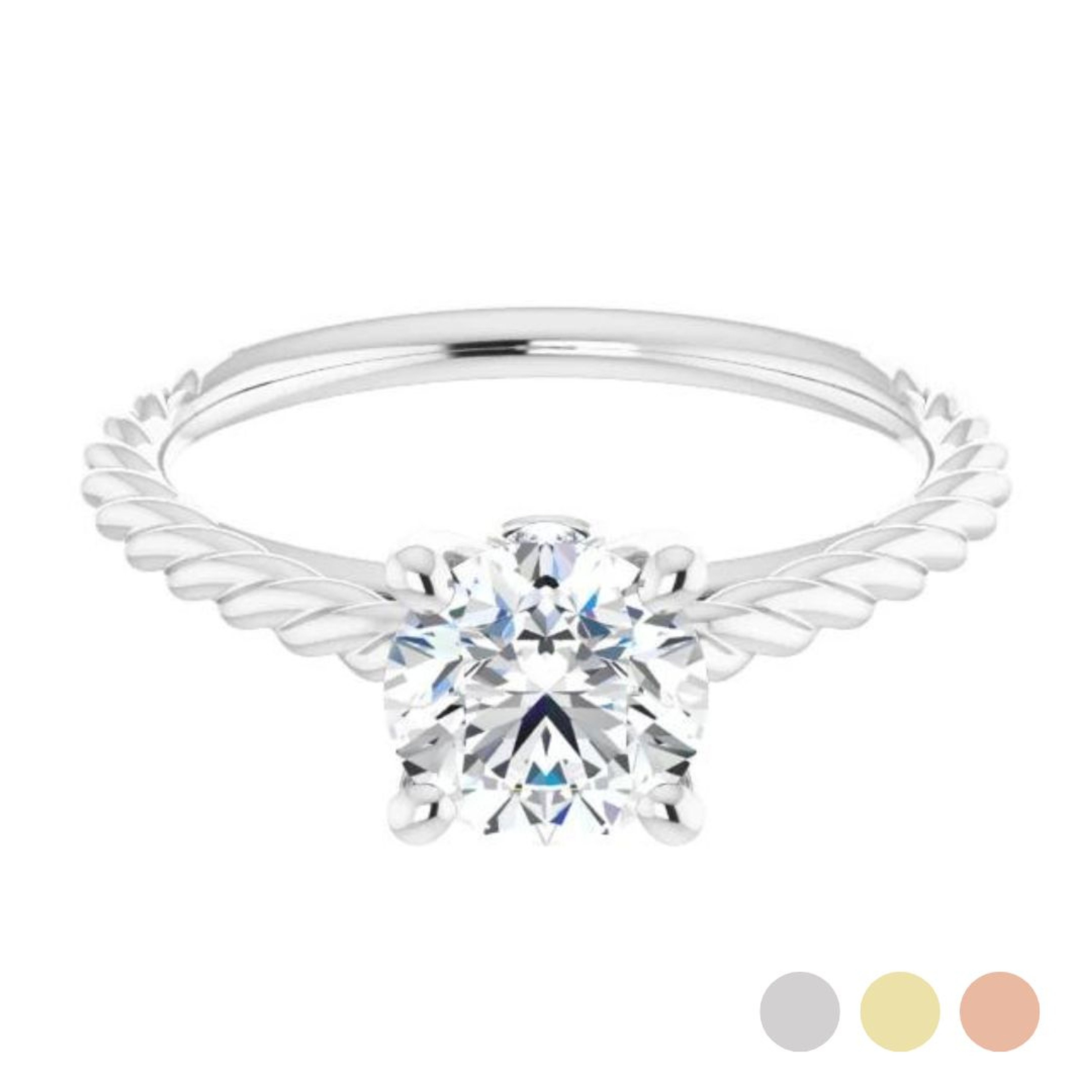 solitaire engagement ring with twisted rope patterned band and hidden detail of bezel set diamond beneath the center stone