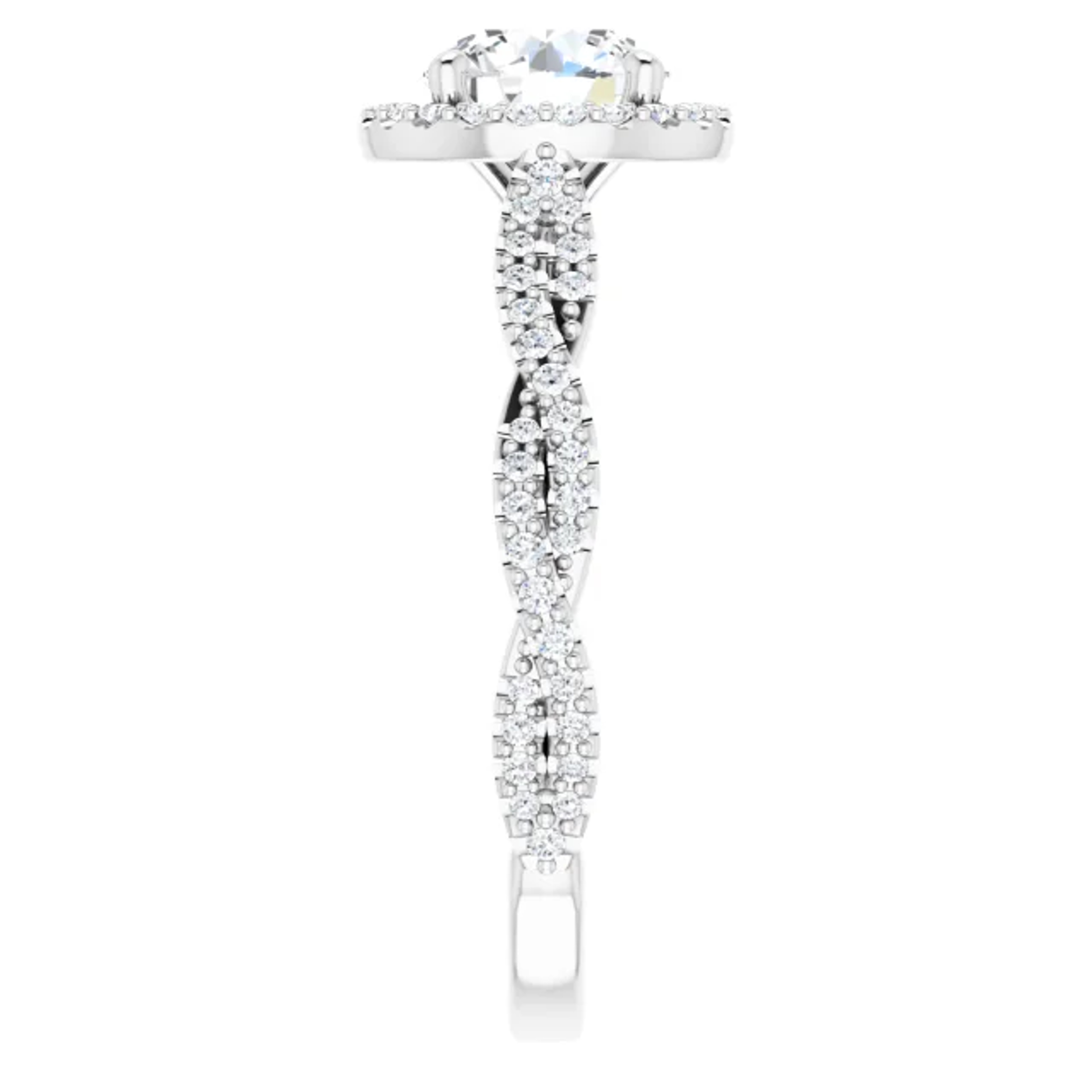 criss cross engagement ring with diamond accented halo and band