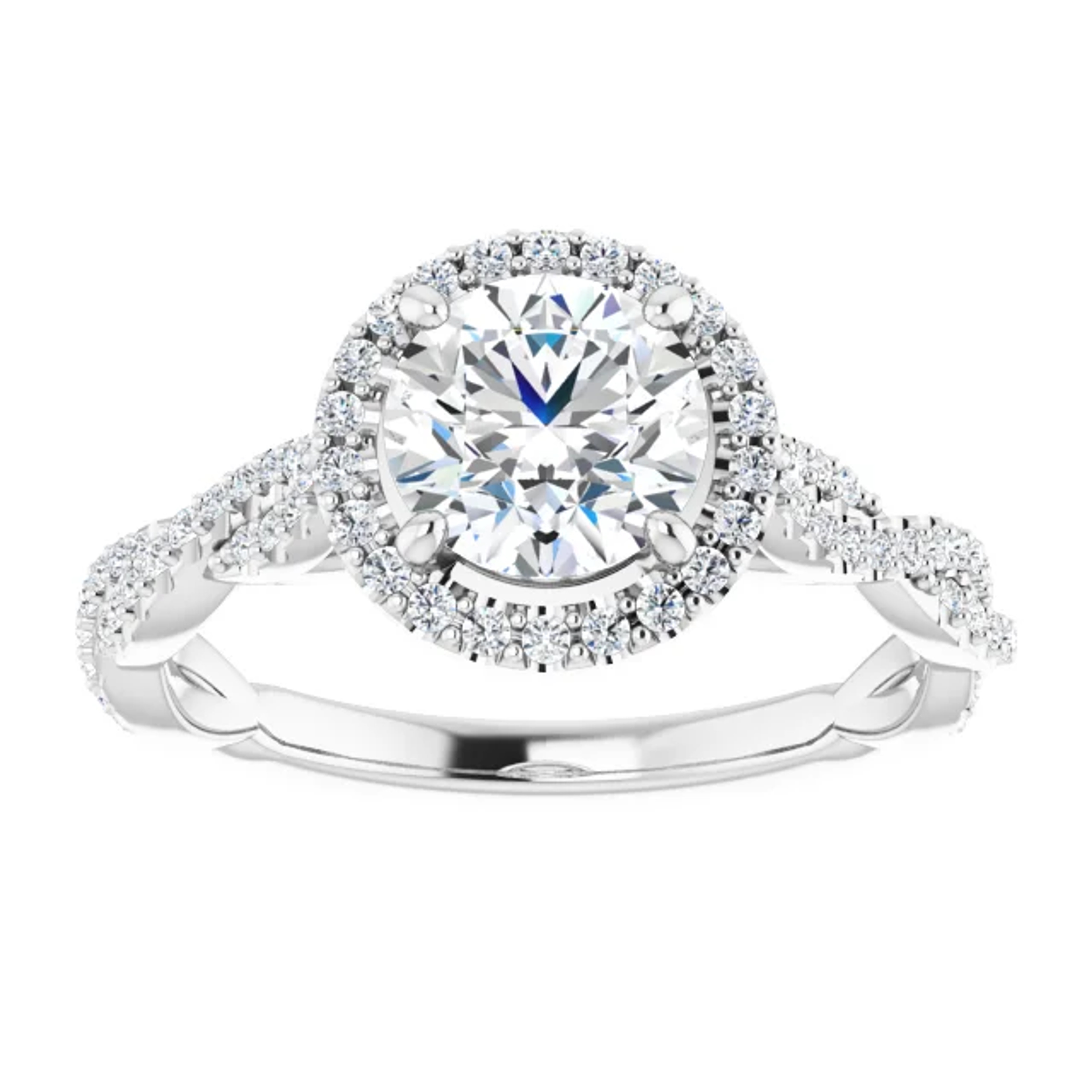 criss cross engagement ring with diamond accented halo and band