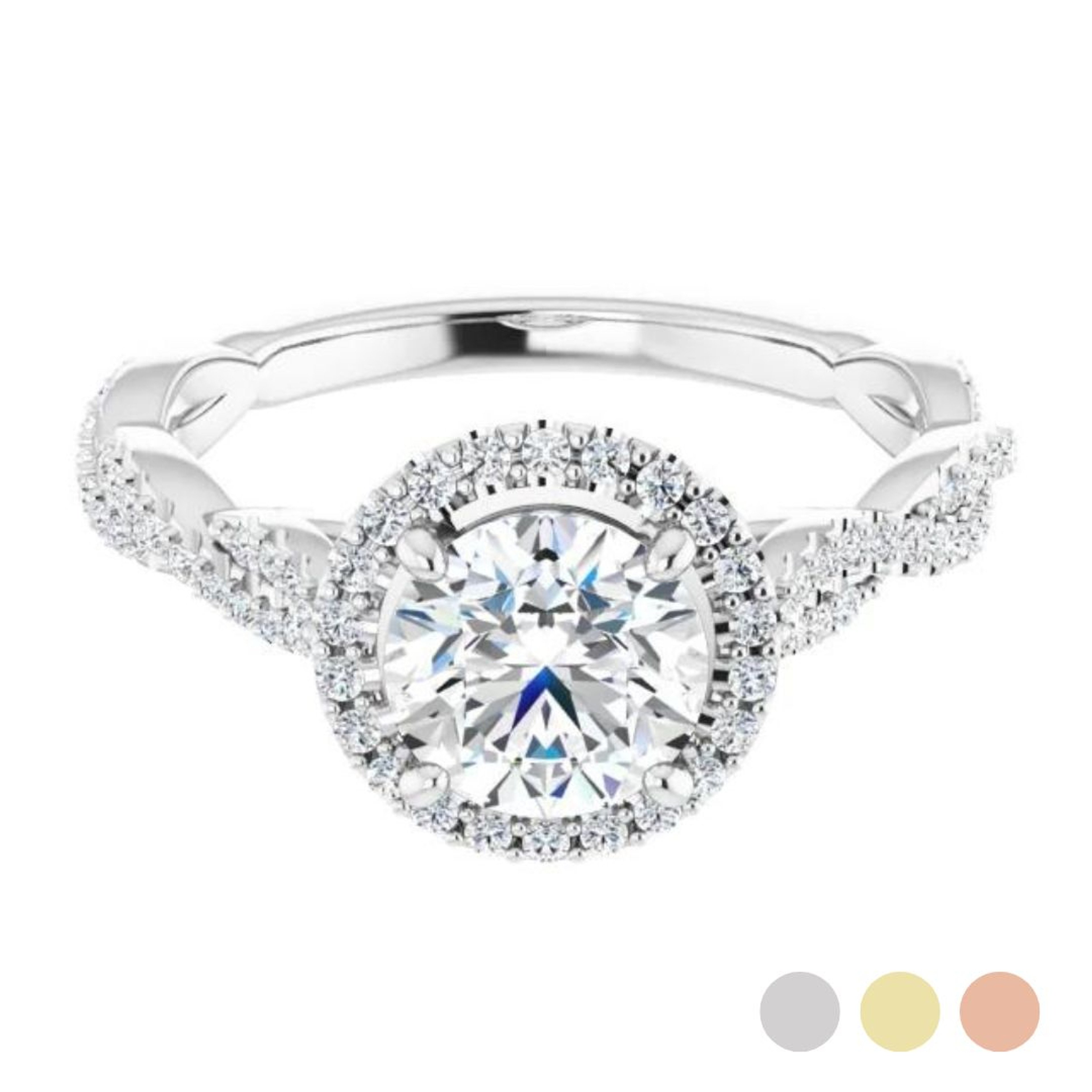 criss cross engagement ring with diamond accented halo and band