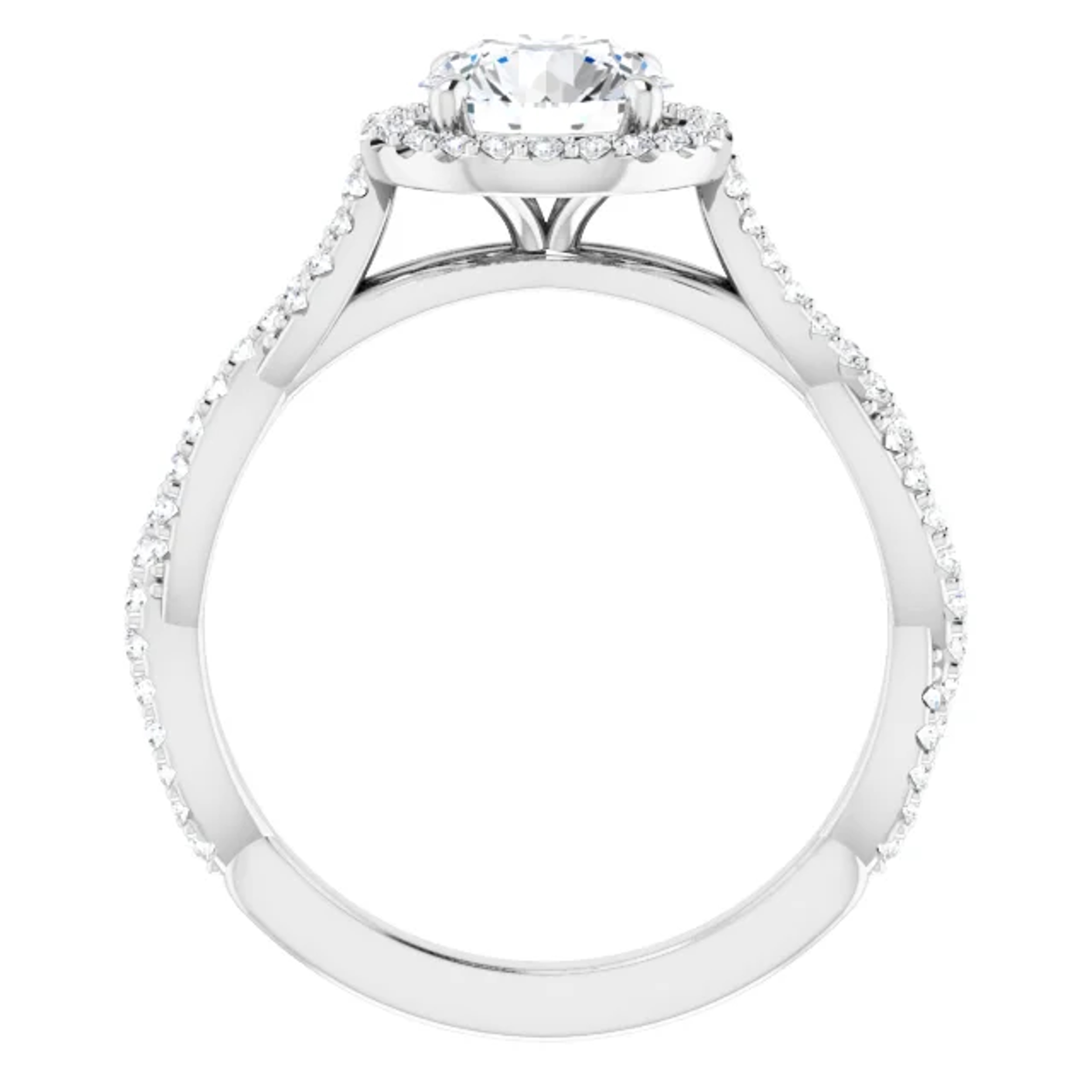 criss cross engagement ring with diamond accented halo and band